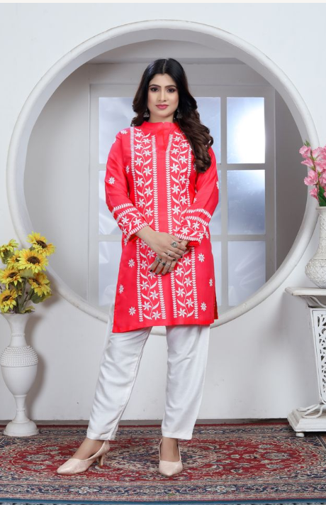Red Heavy Rayon Suit | Chikankari Embroidered Ensemble