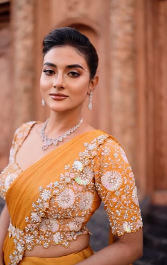Mustard Crepe Satin Silk Saree | Hand-Embroidered Pearl Work Couture