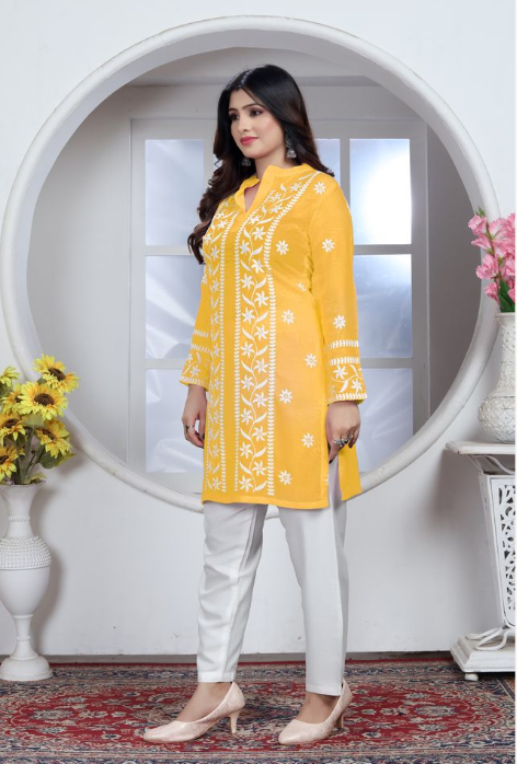 Yellow Heavy Rayon Suit | Chikankari Embroidered Ensemble