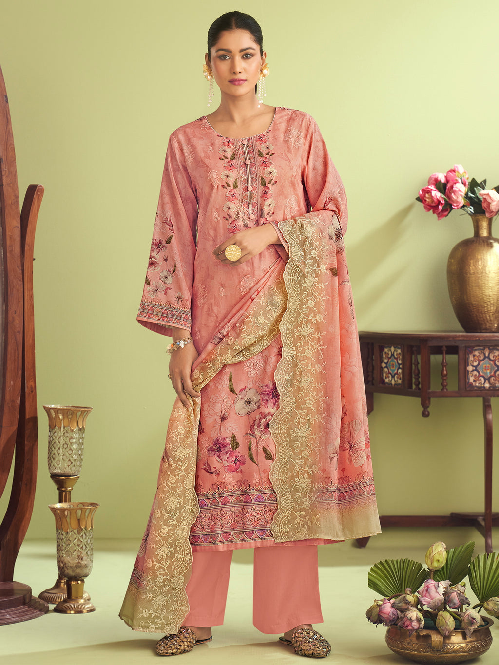 Peach Garden Muslin Dress Material | Floral Digital Print with Resham & Sequin