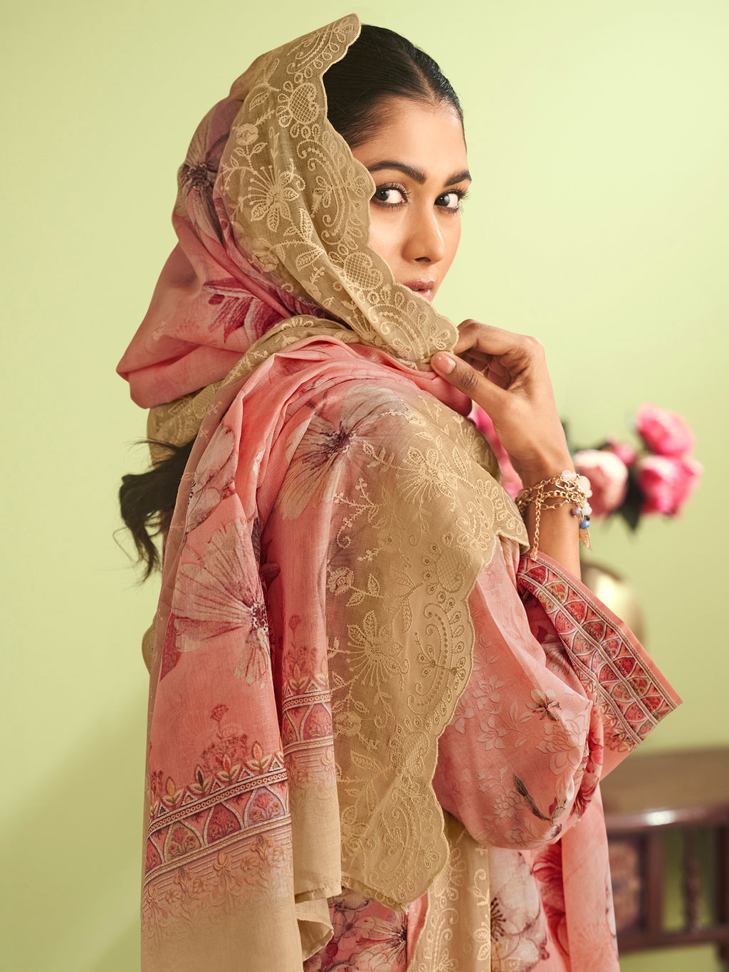 Peach Garden Muslin Dress Material | Floral Digital Print with Resham & Sequin