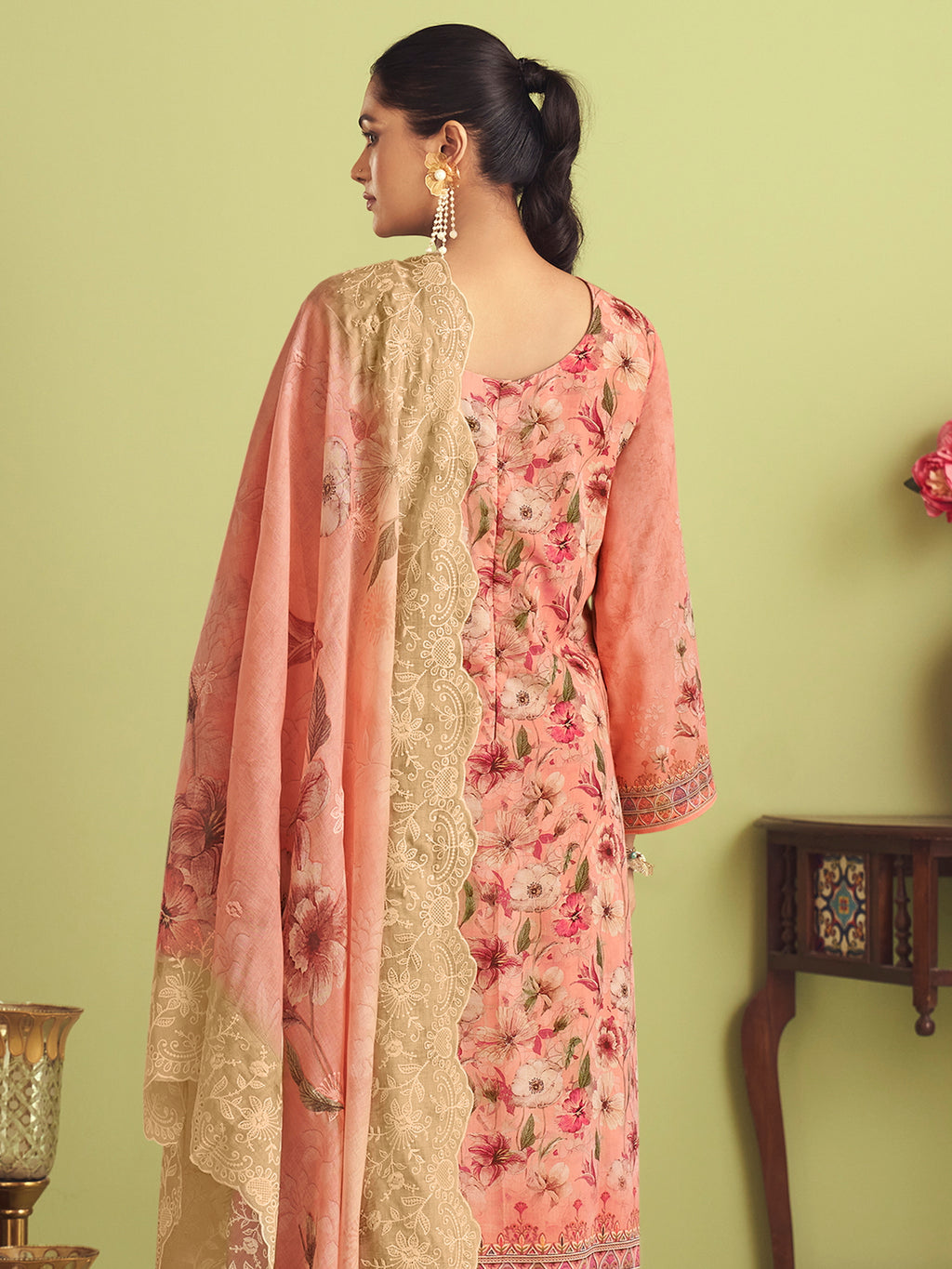 Peach Garden Muslin Dress Material | Floral Digital Print with Resham & Sequin