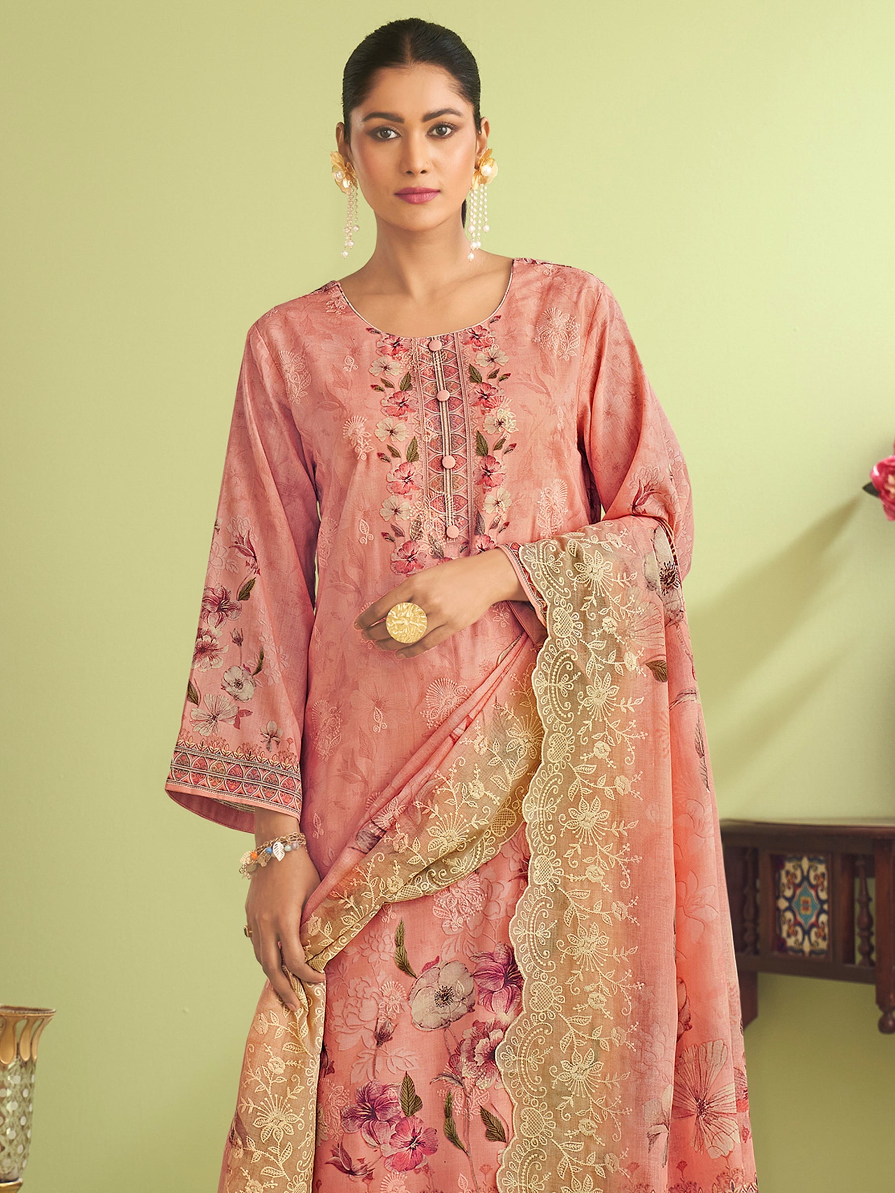 Peach Garden Muslin Dress Material | Floral Digital Print with Resham & Sequin