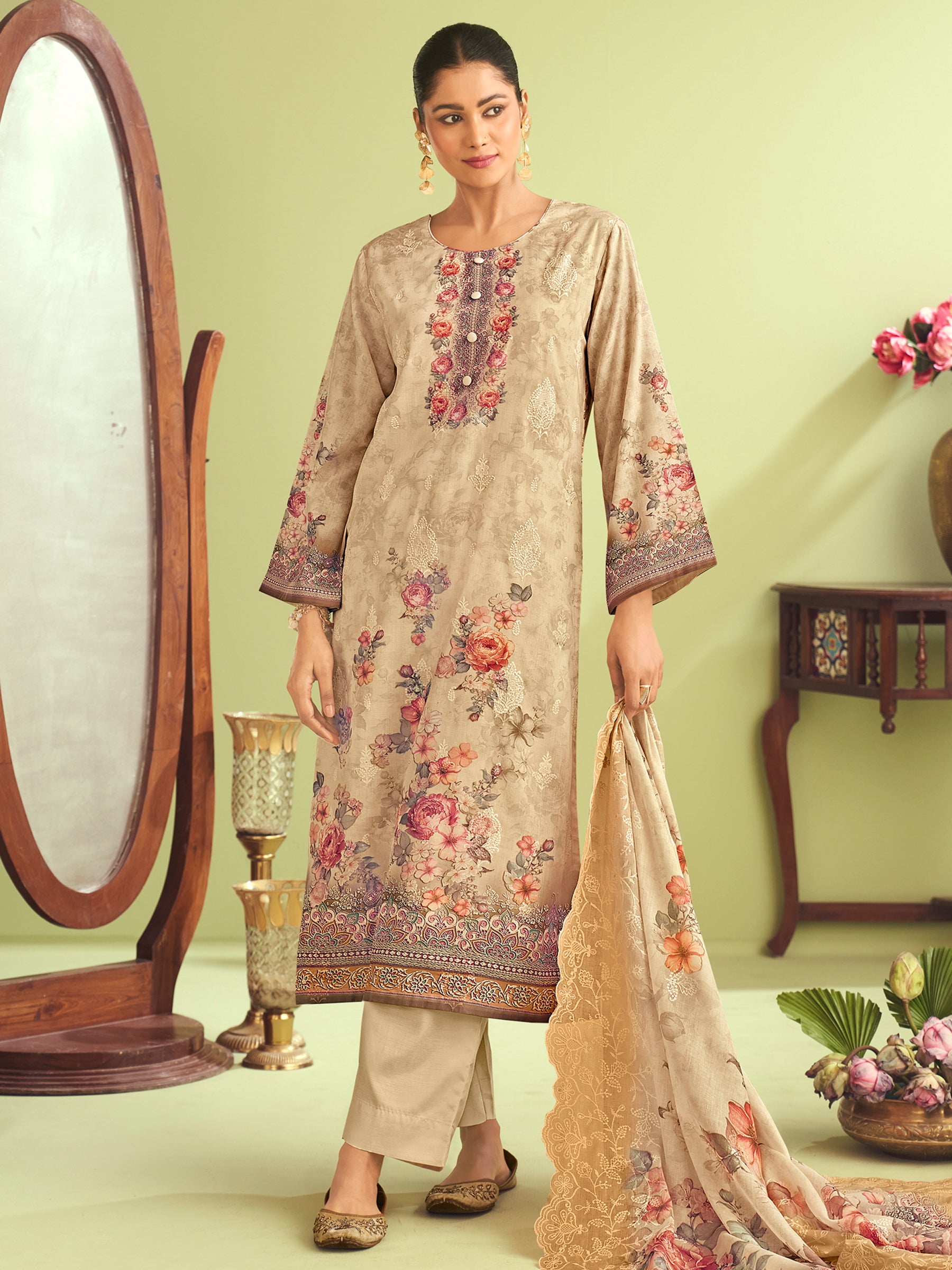 Beige Elegance Muslin Dress Material | Floral Digital Print with Resham & Sequin