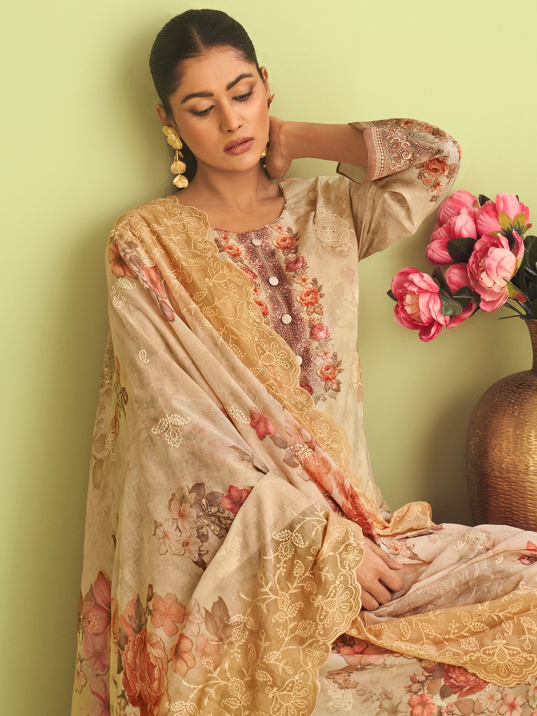 Beige Elegance Muslin Dress Material | Floral Digital Print with Resham & Sequin