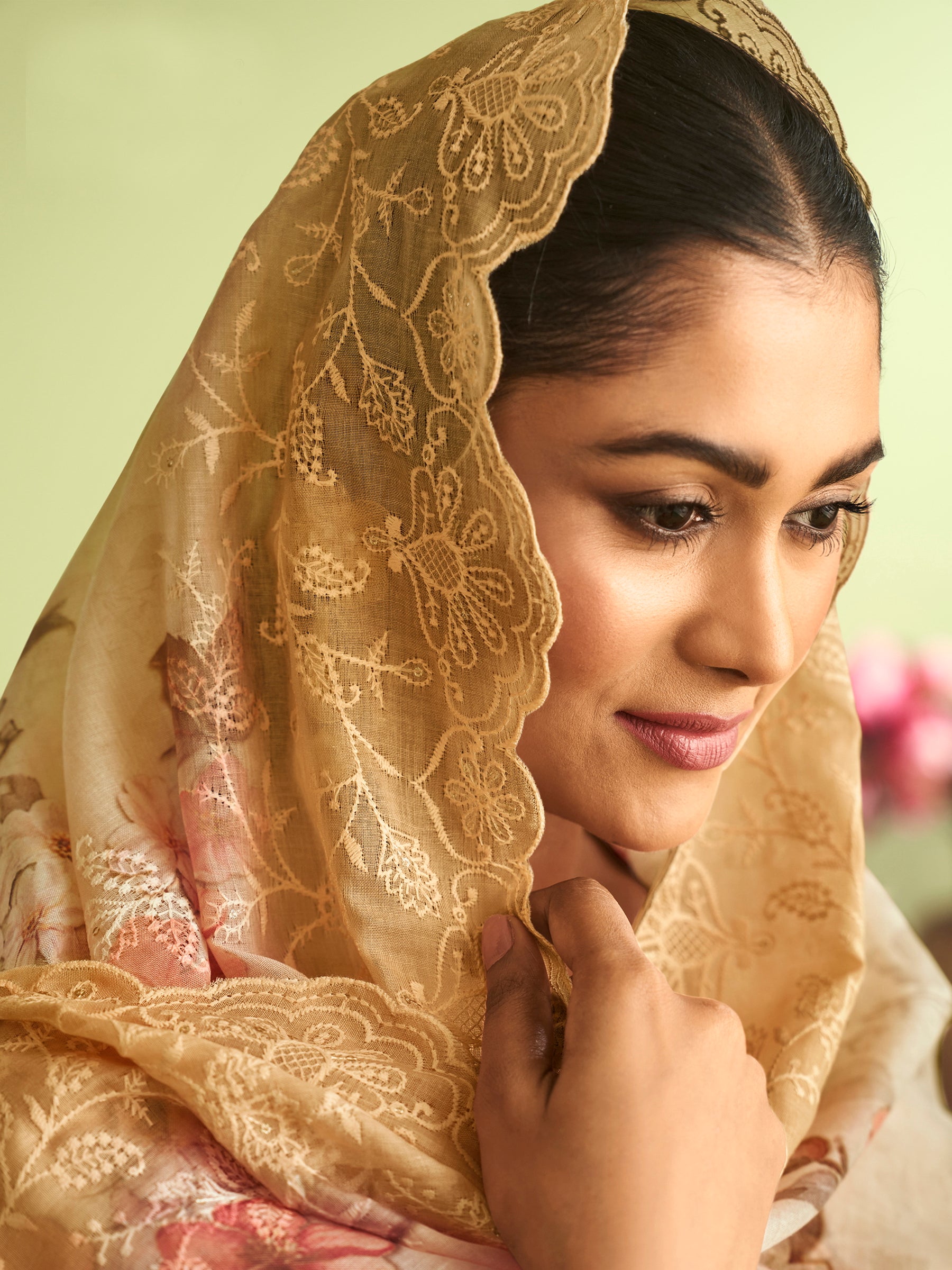 Beige Elegance Muslin Dress Material | Floral Digital Print with Resham & Sequin