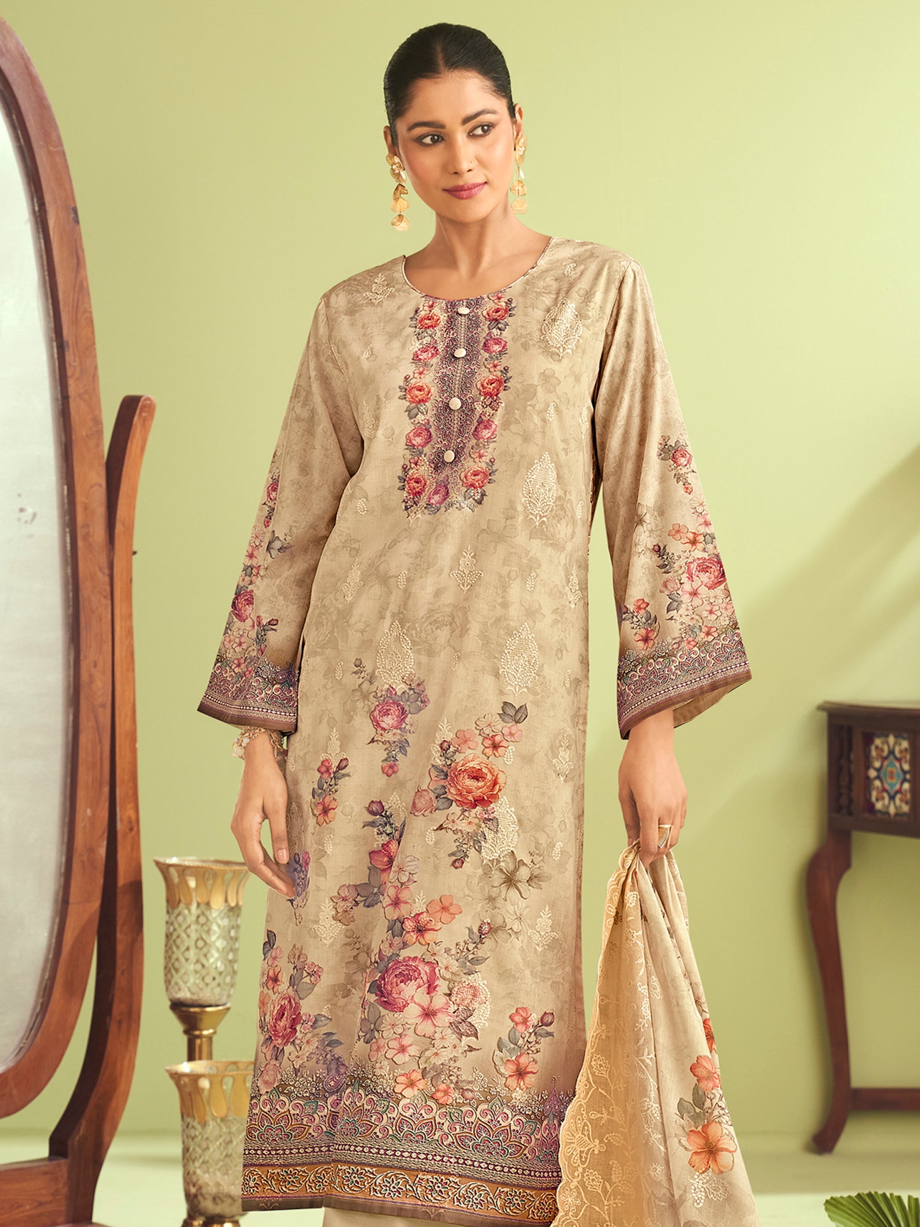Beige Elegance Muslin Dress Material | Floral Digital Print with Resham & Sequin