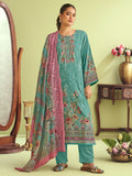 Teal Oasis Muslin Dress Material | Floral Digital Print with Resham & Sequin