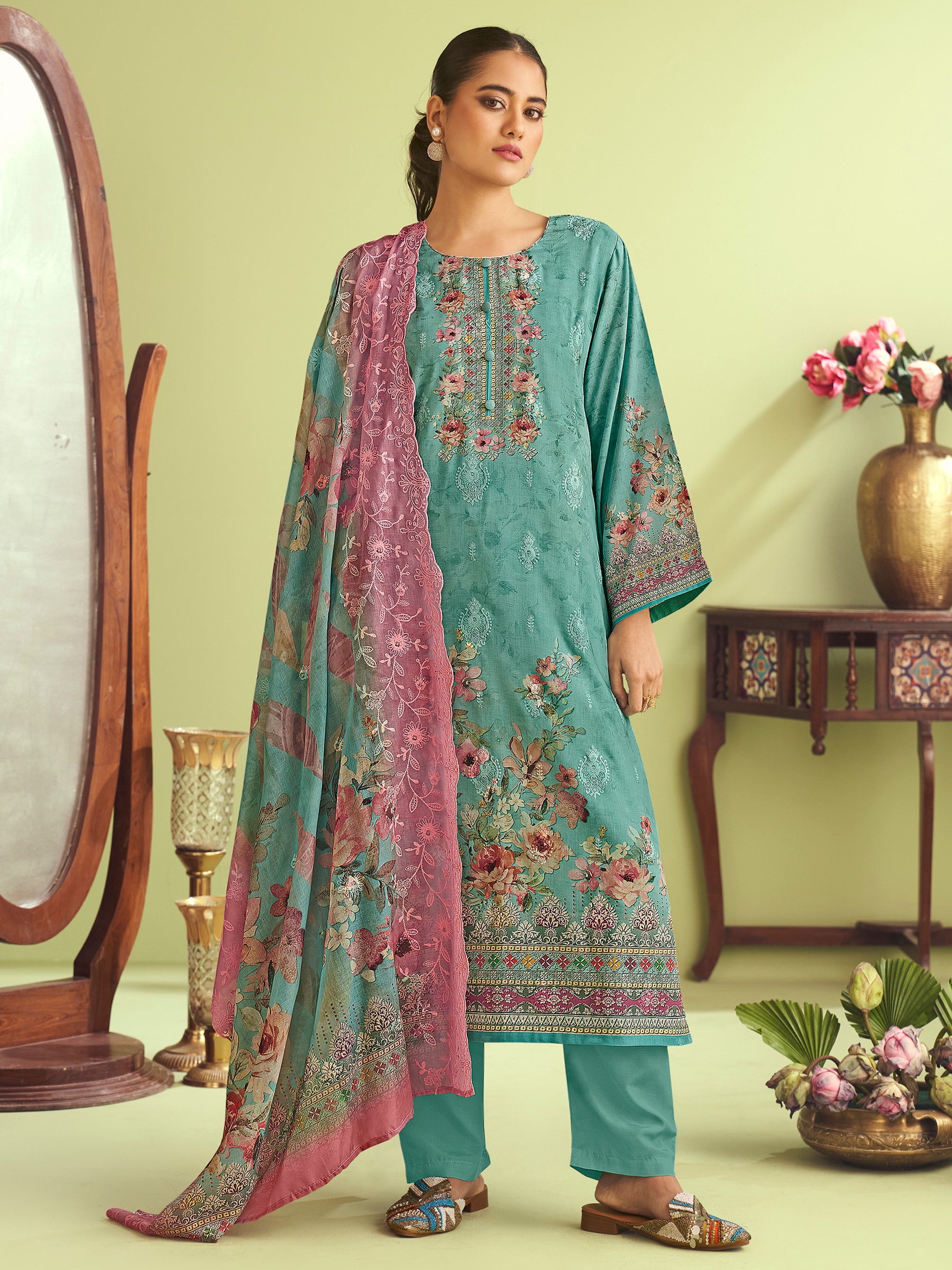 Teal Oasis Muslin Dress Material | Floral Digital Print with Resham & Sequin