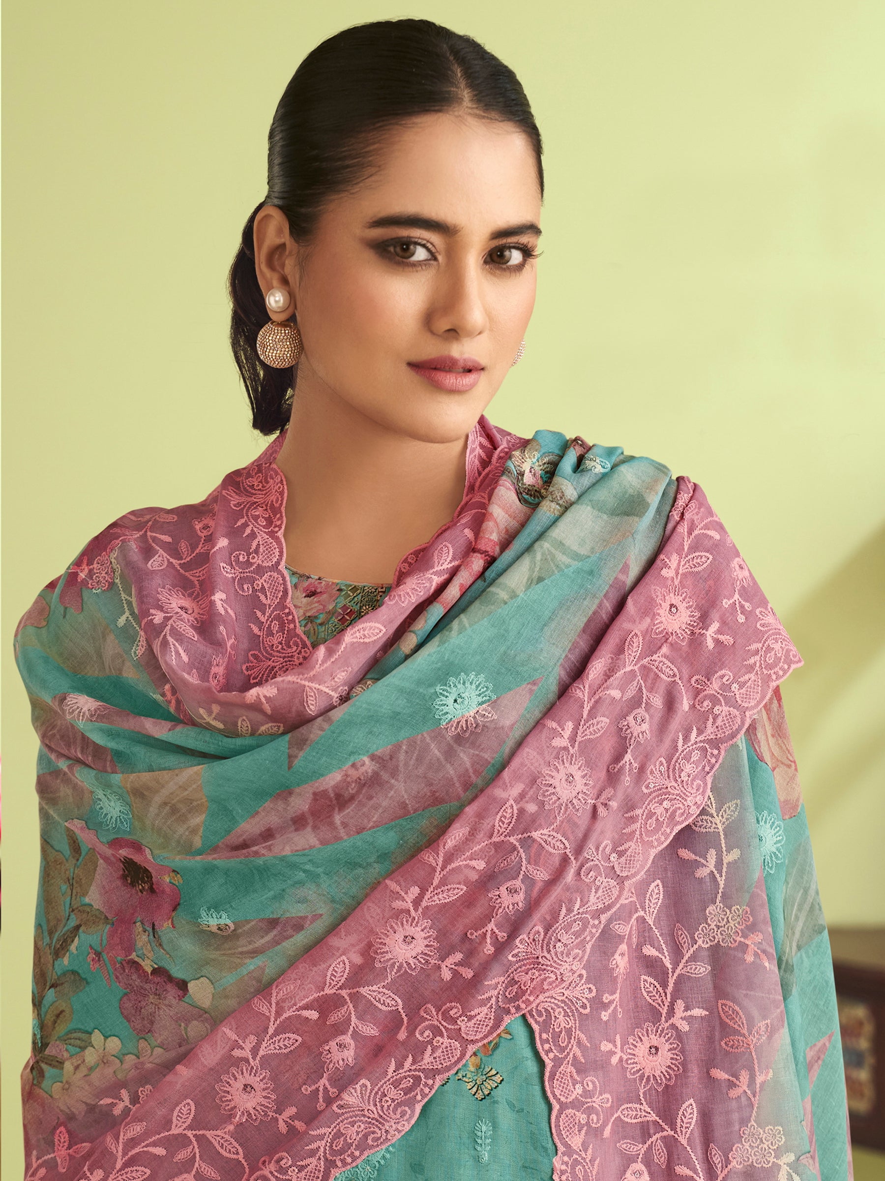 Teal Oasis Muslin Dress Material | Floral Digital Print with Resham & Sequin