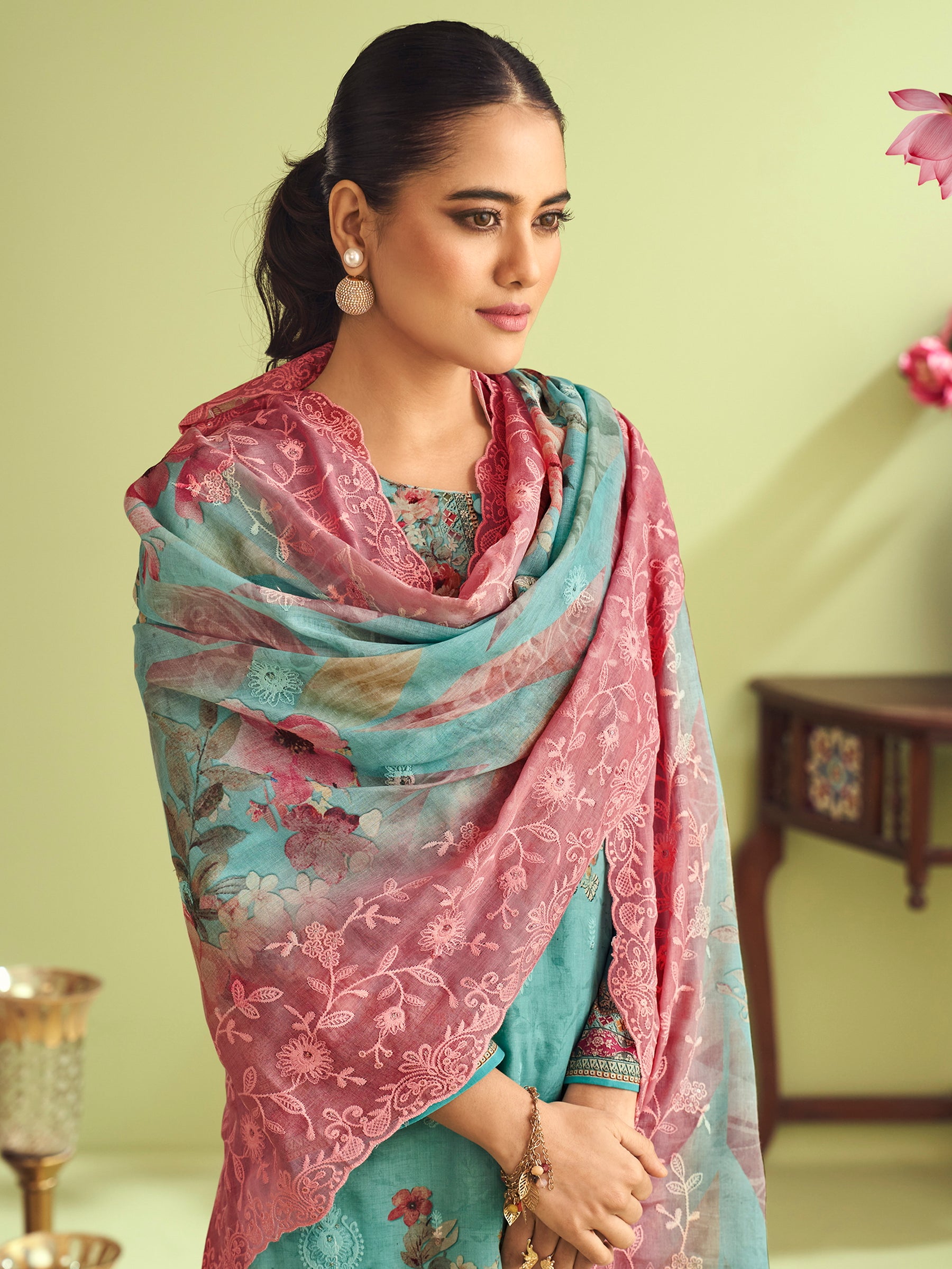 Teal Oasis Muslin Dress Material | Floral Digital Print with Resham & Sequin