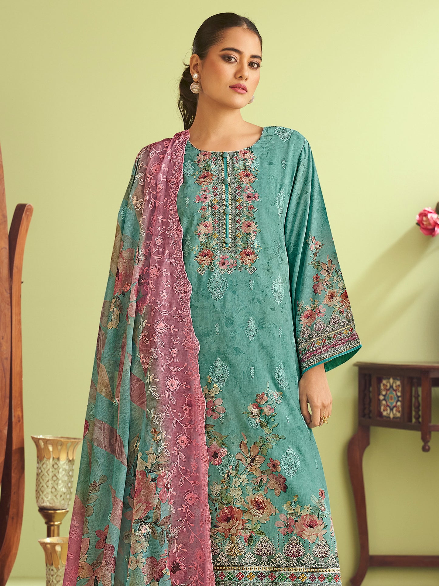Teal Oasis Muslin Dress Material | Floral Digital Print with Resham & Sequin