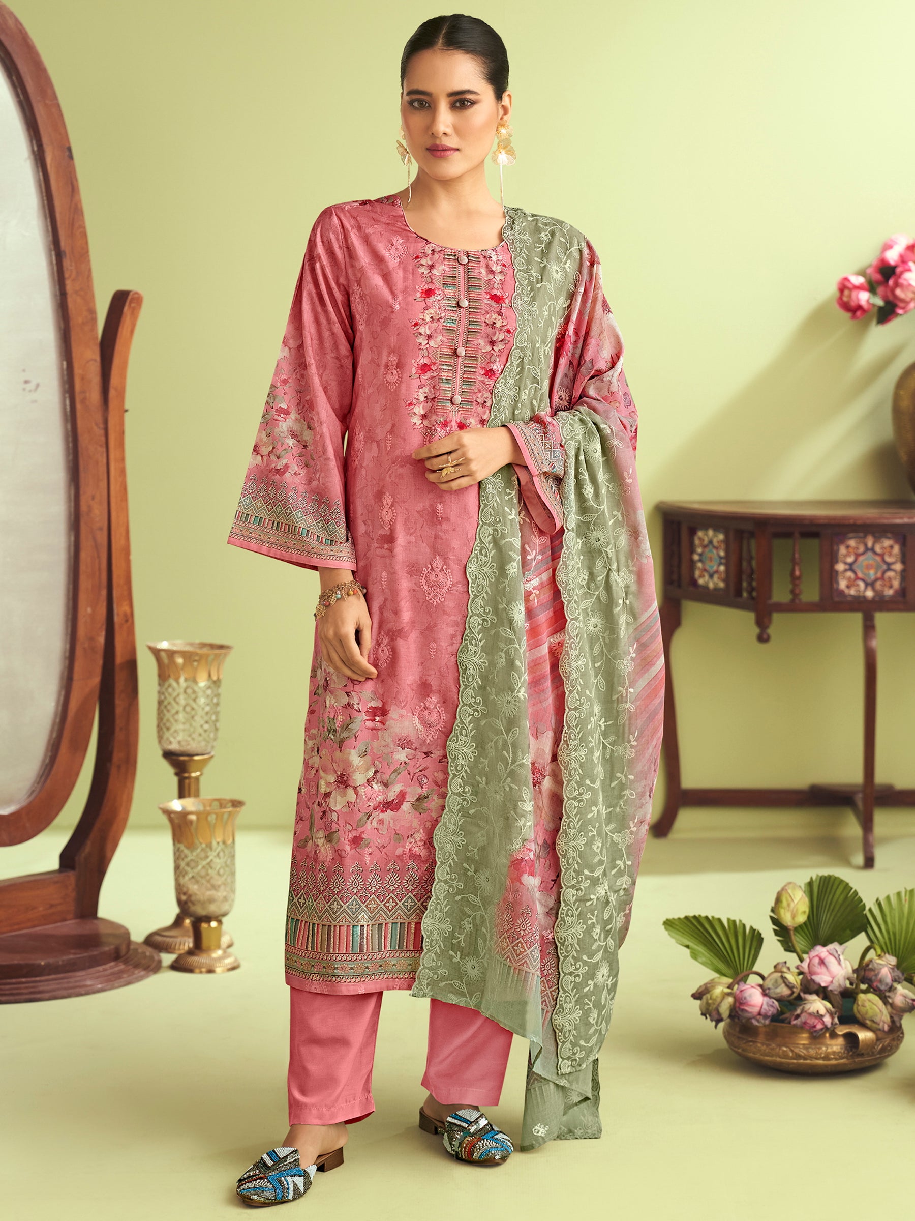 Blush Pink Muslin Dress Material | Floral Digital Print with Resham & Sequin
