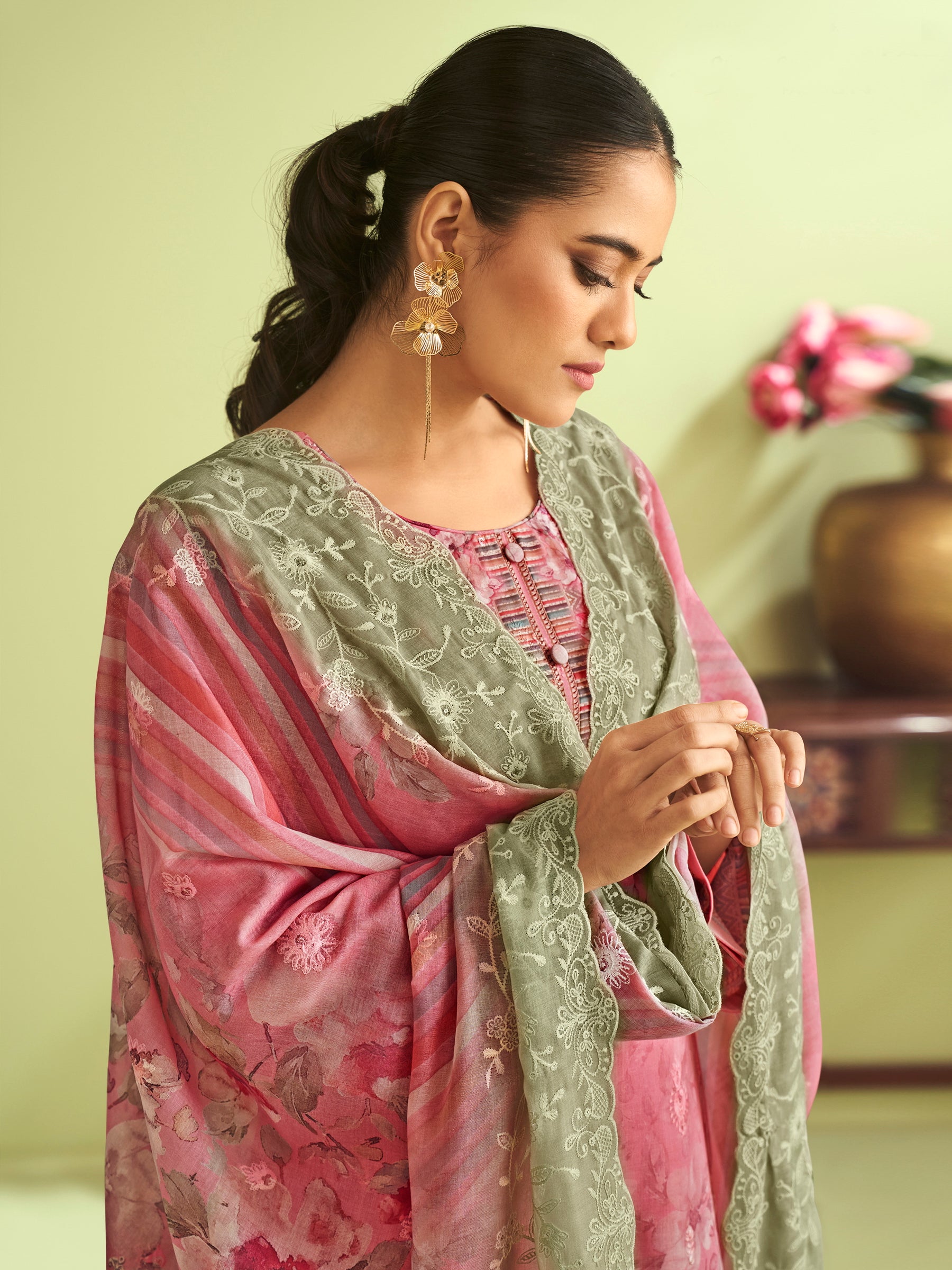 Blush Pink Muslin Dress Material | Floral Digital Print with Resham & Sequin