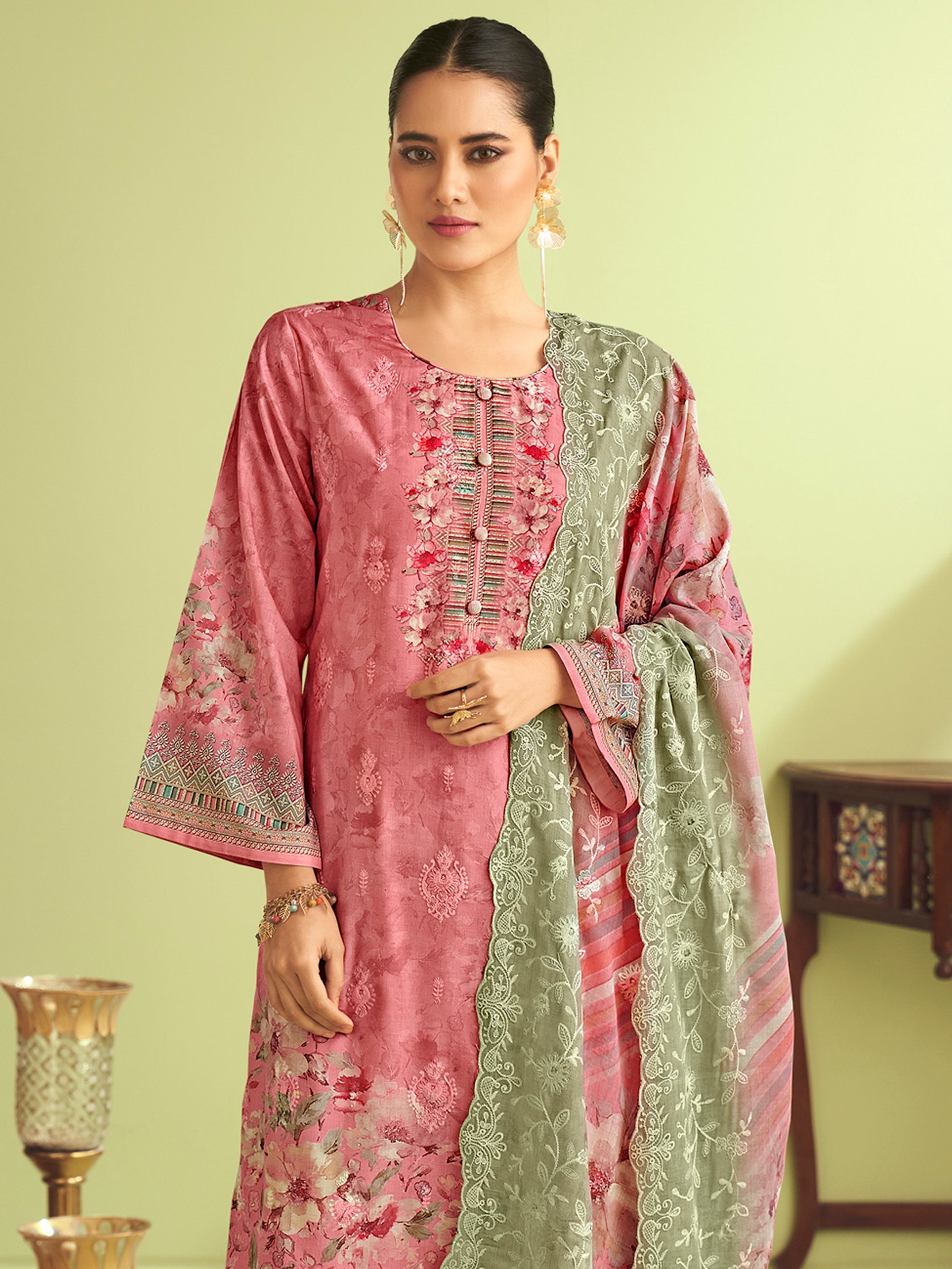 Blush Pink Muslin Dress Material | Floral Digital Print with Resham & Sequin