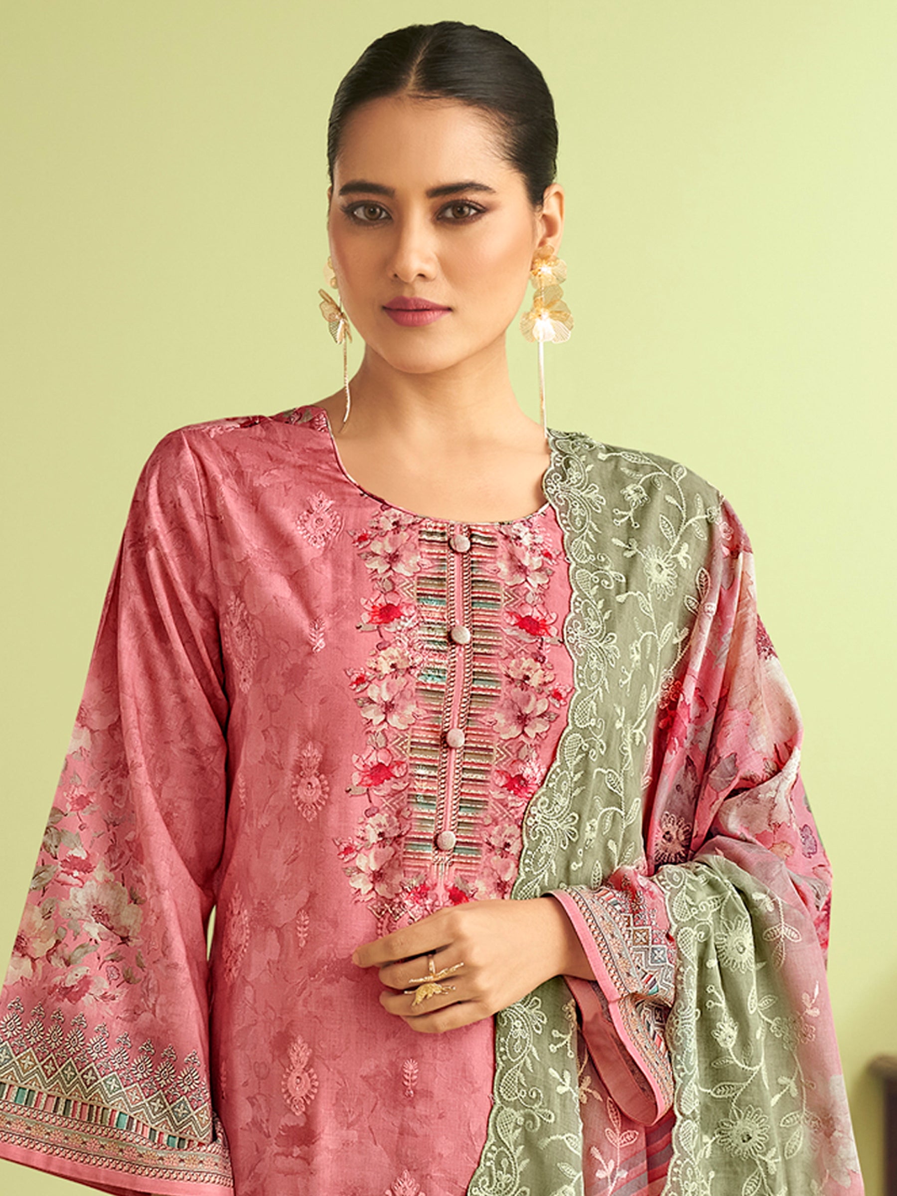 Blush Pink Muslin Dress Material | Floral Digital Print with Resham & Sequin