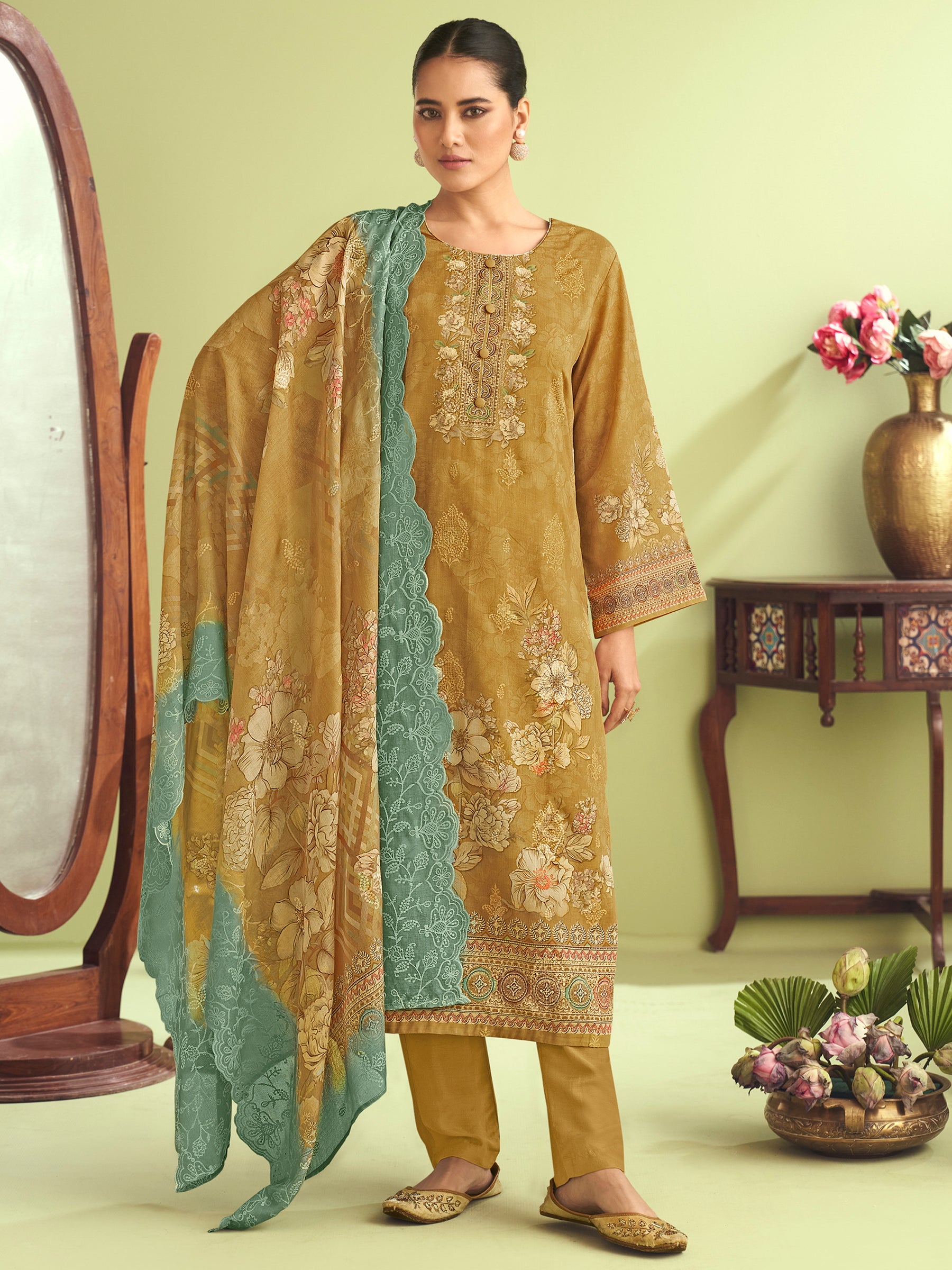 Mustard Glow Muslin Dress Material | Floral Digital Print with Resham & Sequin
