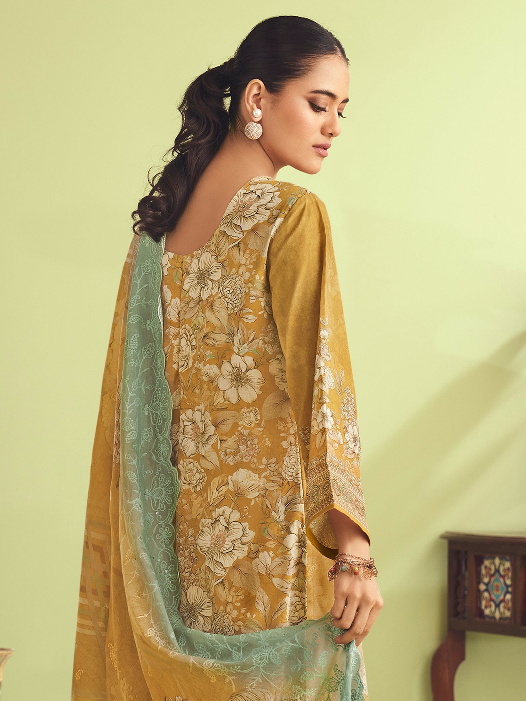 Mustard Glow Muslin Dress Material | Floral Digital Print with Resham & Sequin
