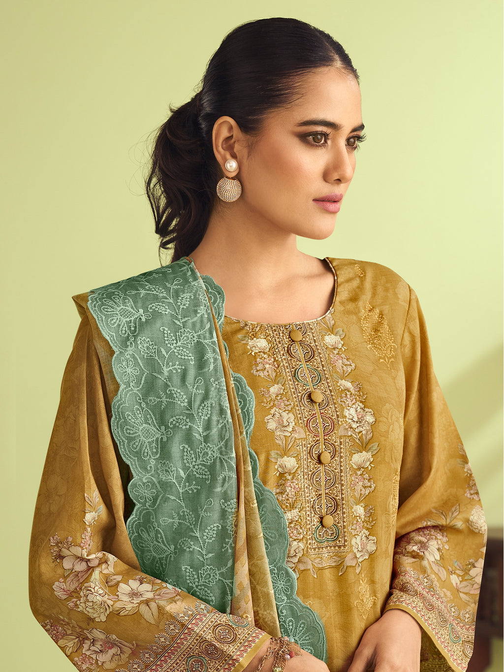 Mustard Glow Muslin Dress Material | Floral Digital Print with Resham & Sequin