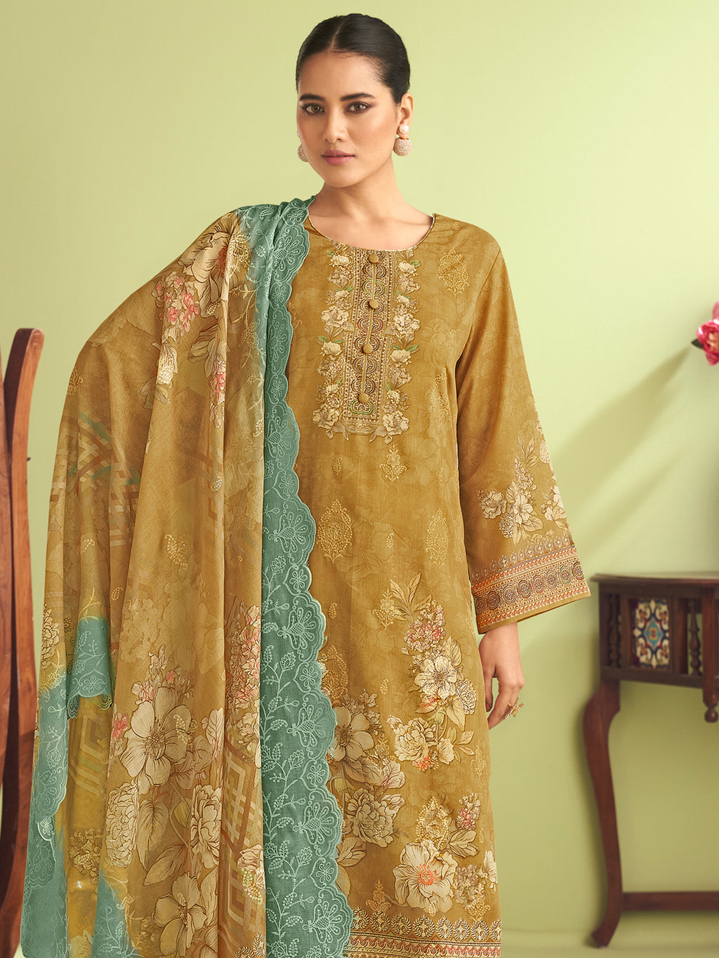 Mustard Glow Muslin Dress Material | Floral Digital Print with Resham & Sequin