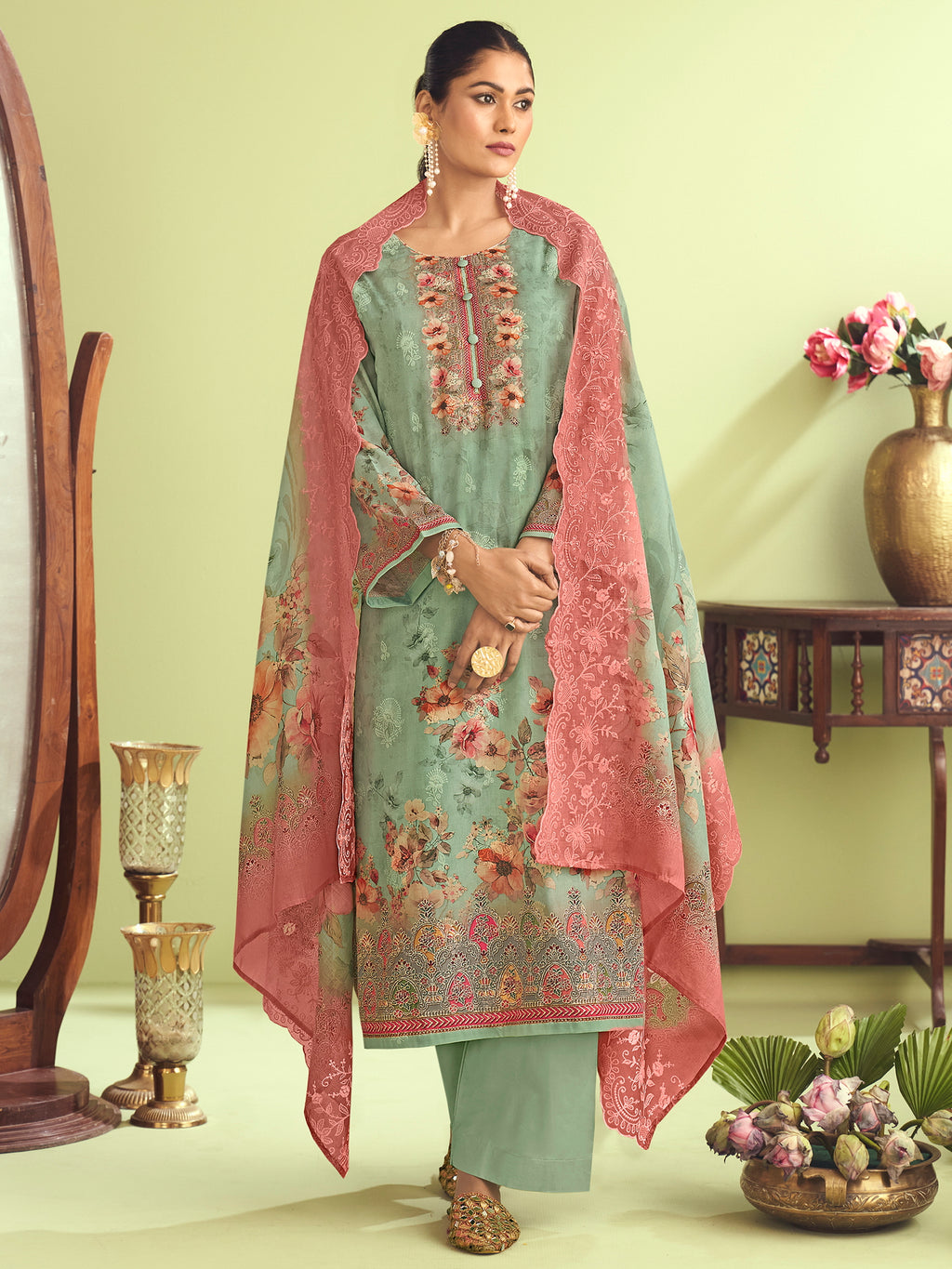 Emerald Garden Muslin Dress Material | Floral Digital Print with Resham & Sequin