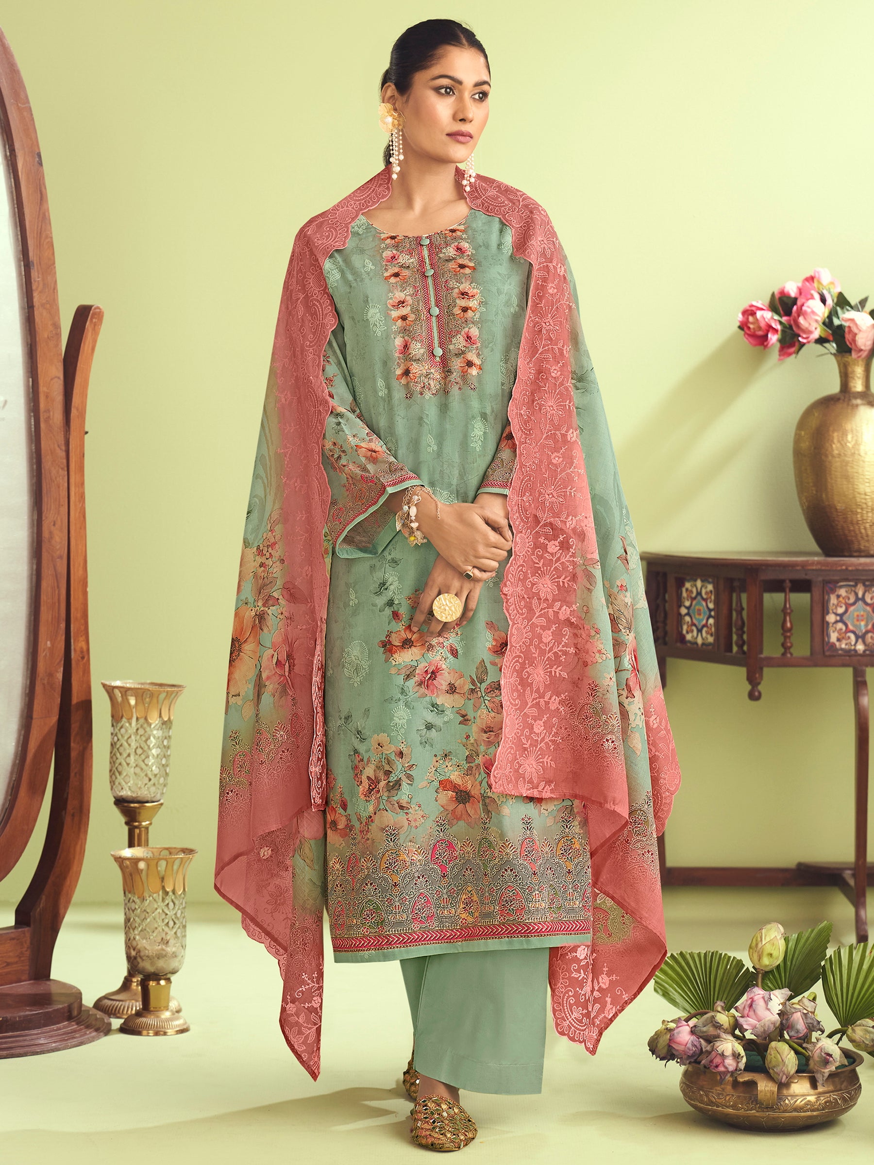 Emerald Garden Muslin Dress Material | Floral Digital Print with Resham & Sequin