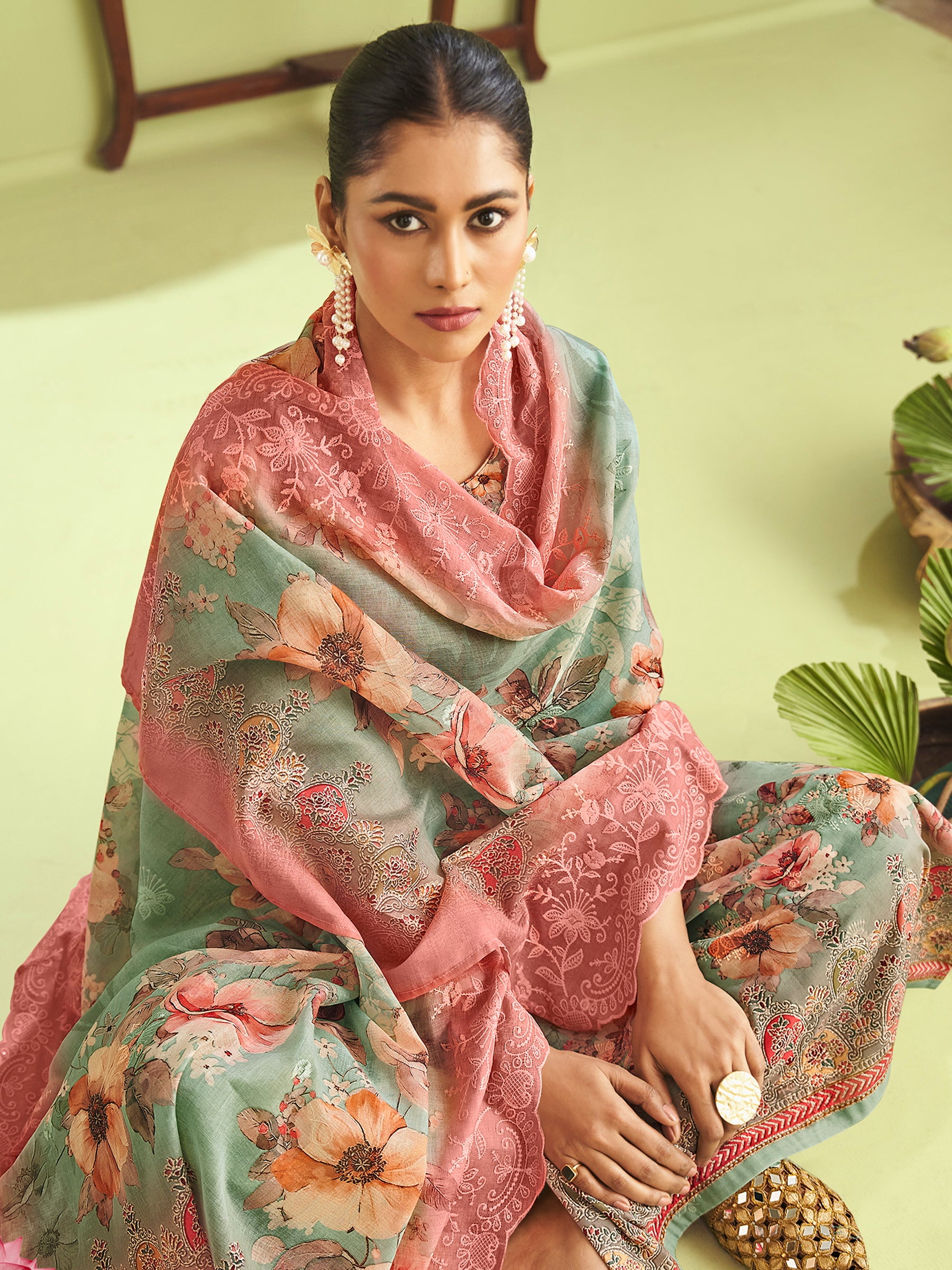 Emerald Garden Muslin Dress Material | Floral Digital Print with Resham & Sequin