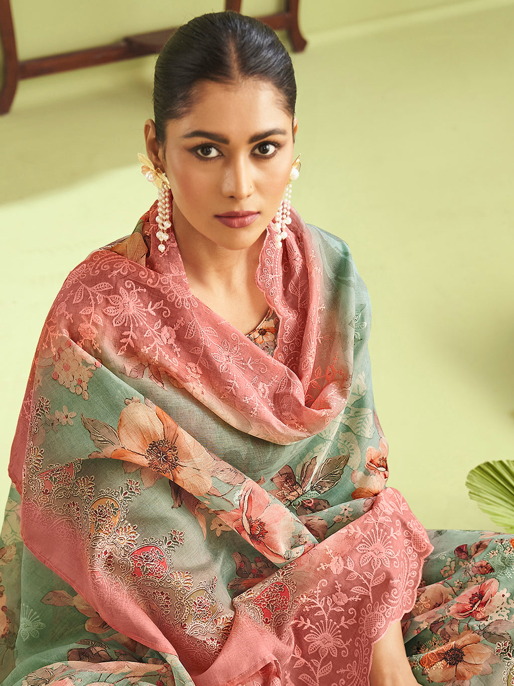Emerald Garden Muslin Dress Material | Floral Digital Print with Resham & Sequin
