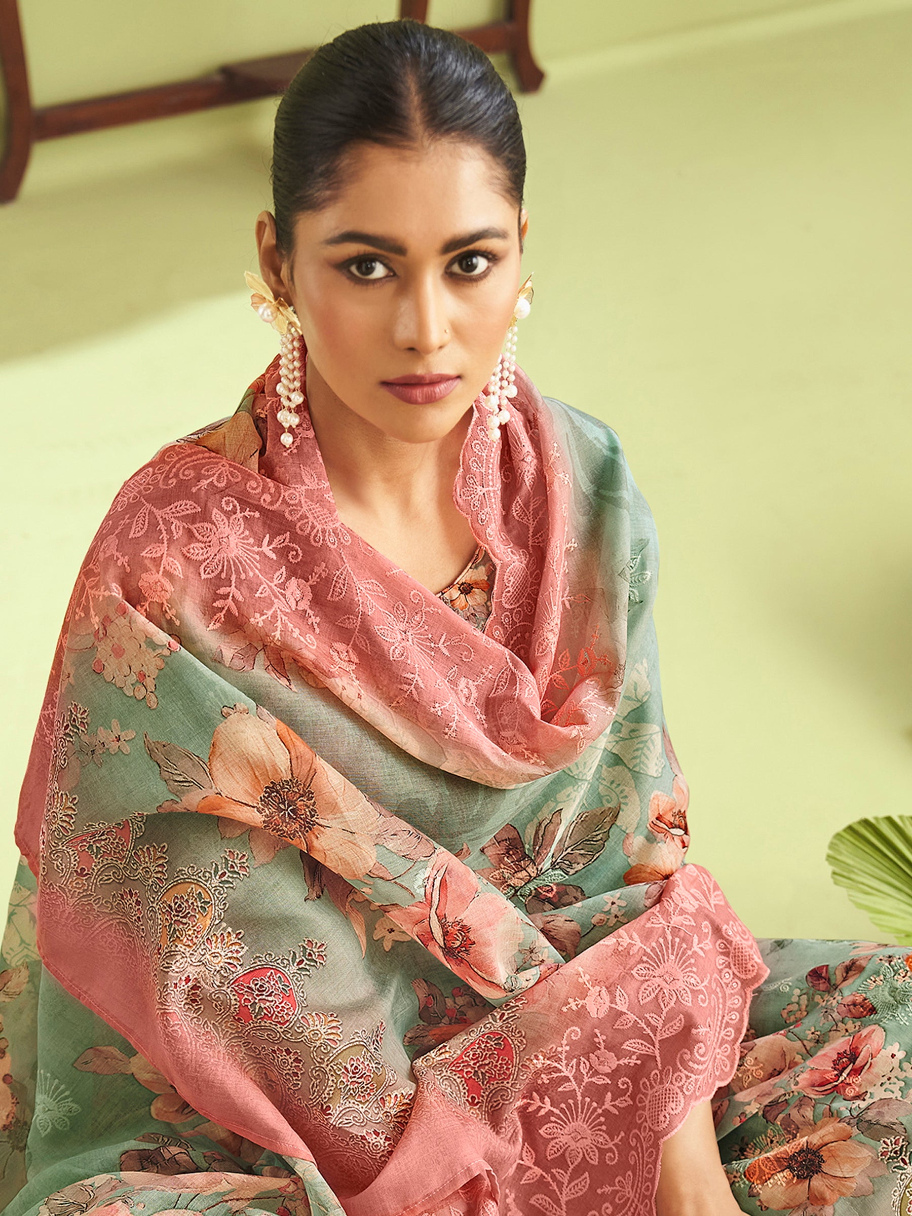Emerald Garden Muslin Dress Material | Floral Digital Print with Resham & Sequin
