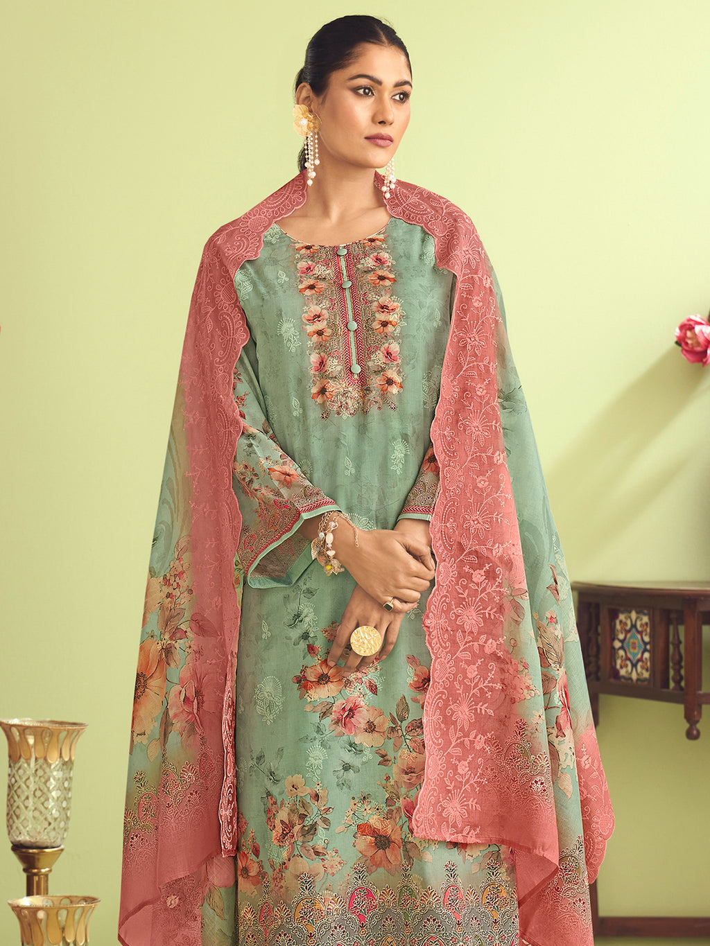 Emerald Garden Muslin Dress Material | Floral Digital Print with Resham & Sequin