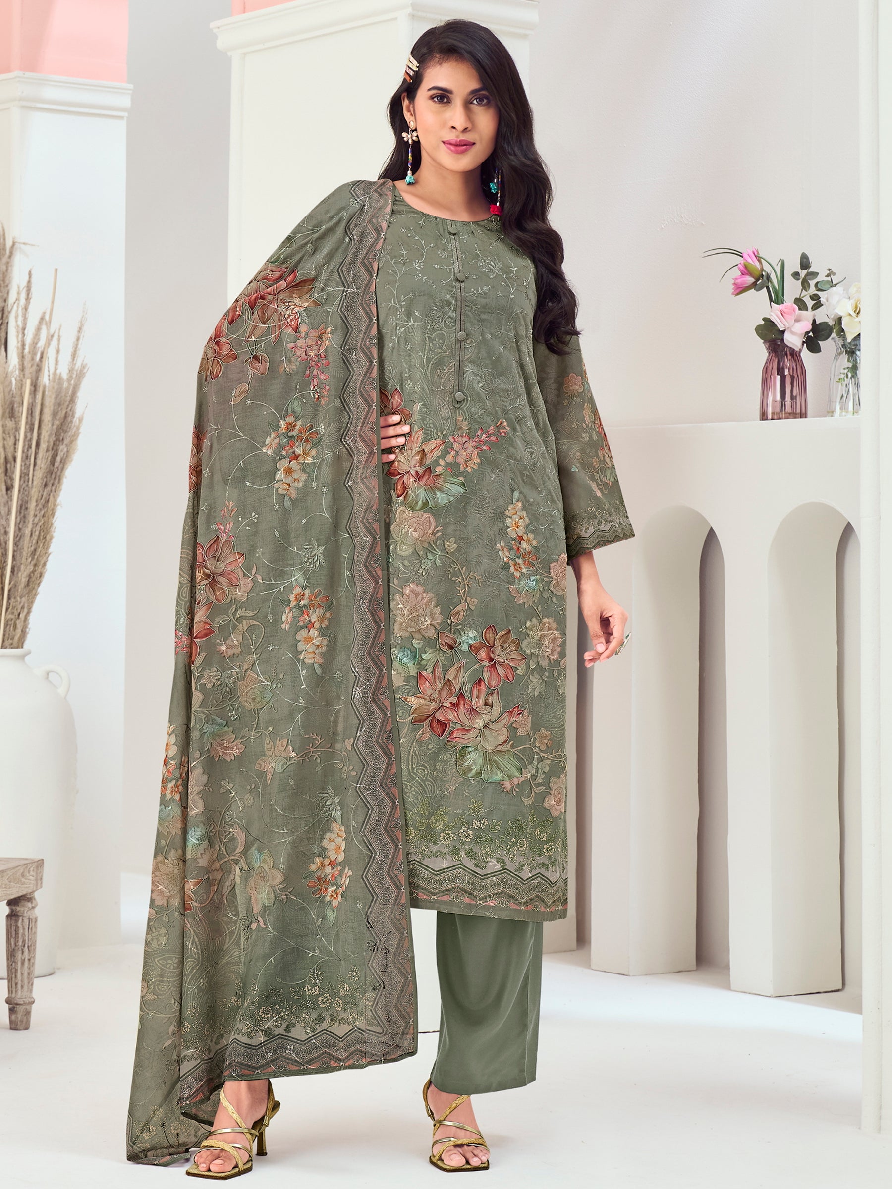 Olive Muslin Embroidered Indian Suit | Floral Digital Print with Resham Thread Work & Sequin