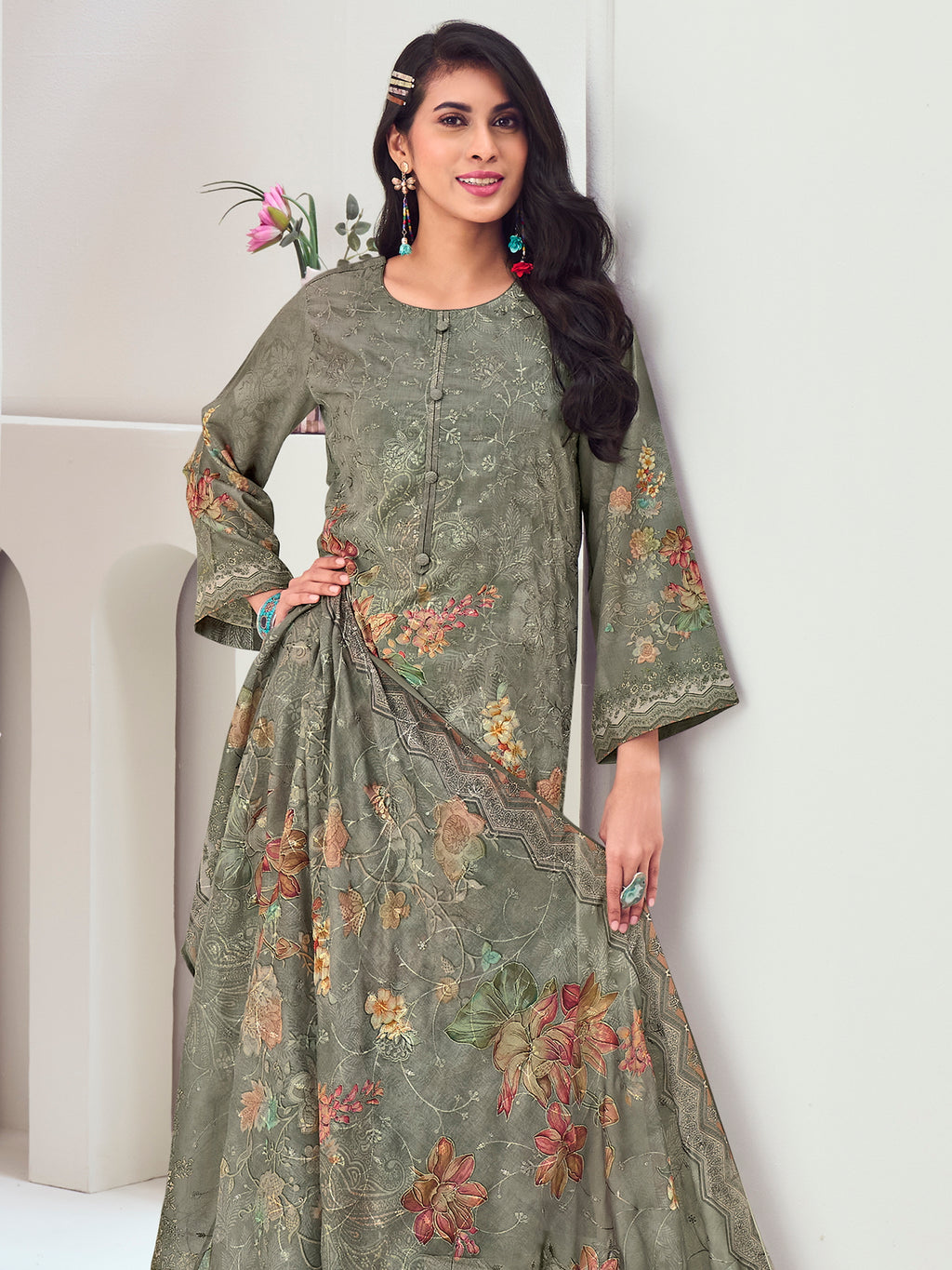 Olive Muslin Embroidered Indian Suit | Floral Digital Print with Resham Thread Work & Sequin