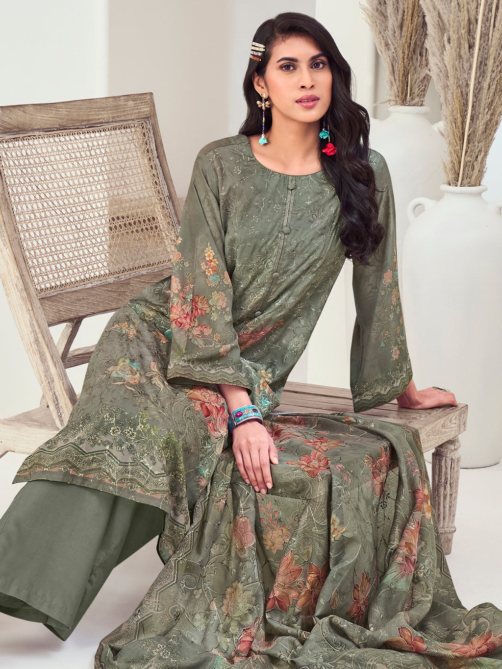 Olive Muslin Embroidered Indian Suit | Floral Digital Print with Resham Thread Work & Sequin