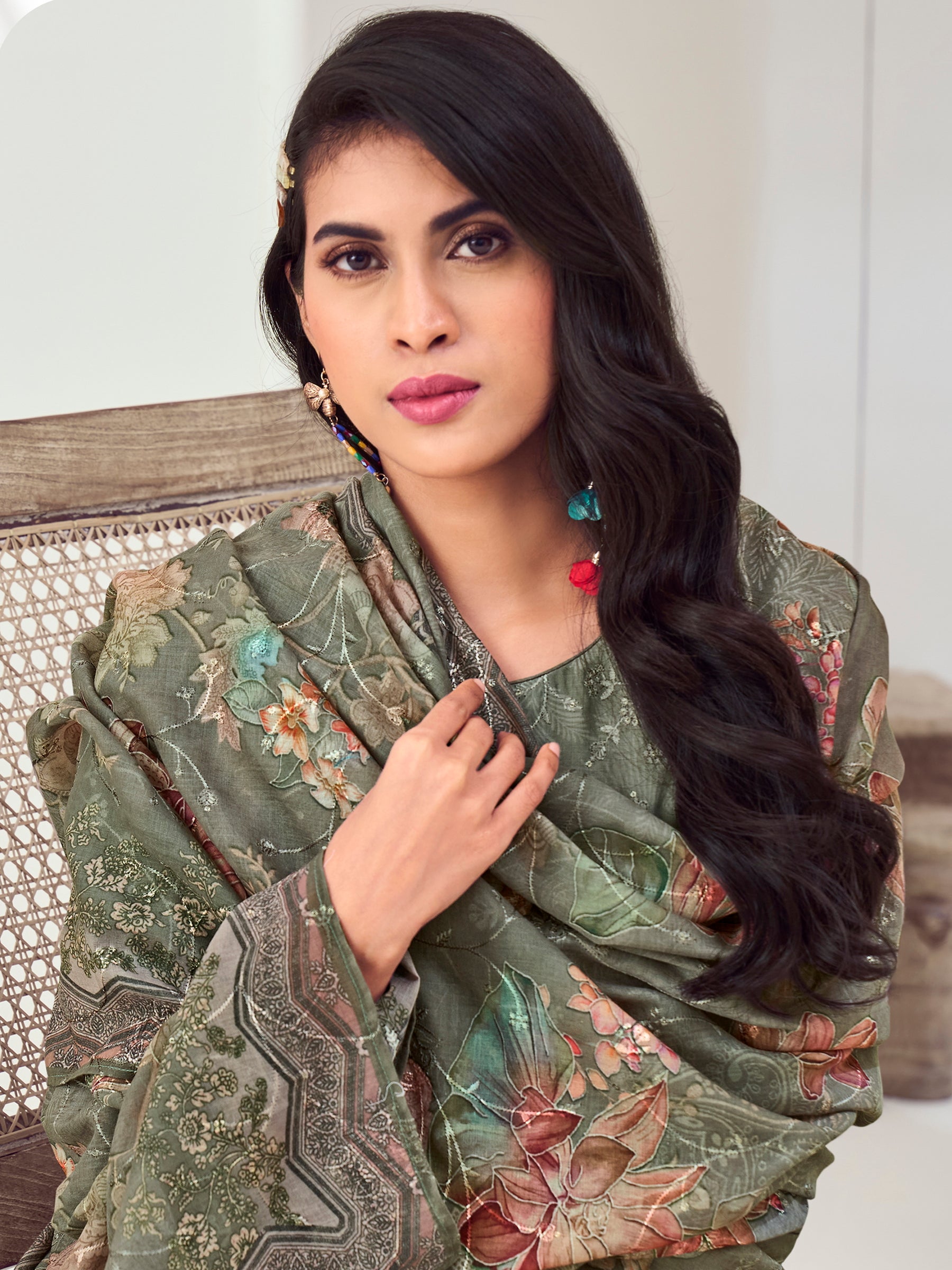 Olive Muslin Embroidered Indian Suit | Floral Digital Print with Resham Thread Work & Sequin