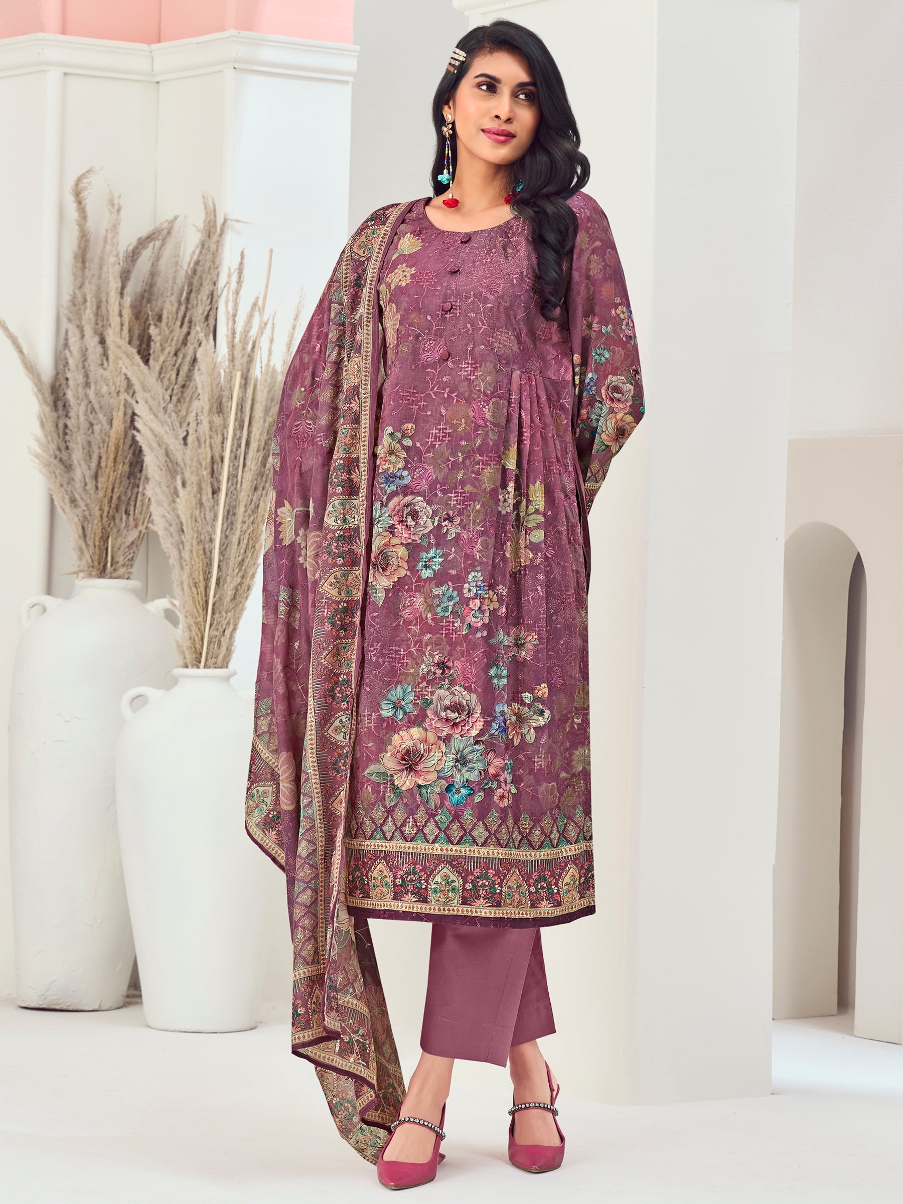 Magenta Muslin Embroidered Indian Suit | Floral Digital Print with Resham Thread Work & Sequin