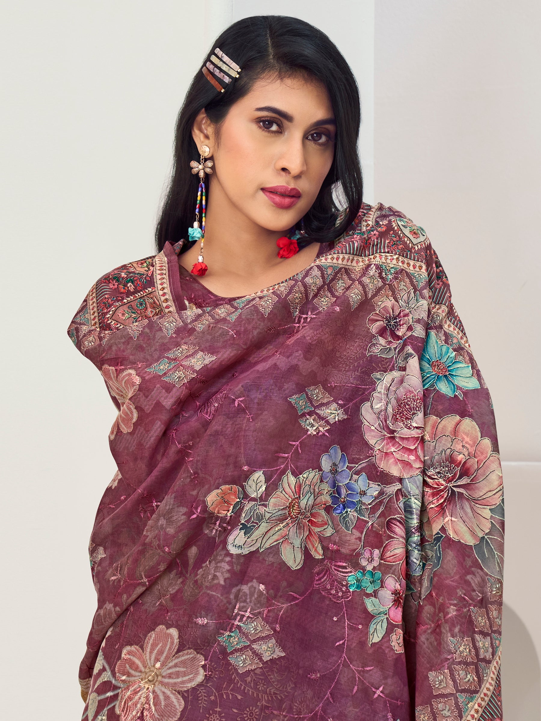 Magenta Muslin Embroidered Indian Suit | Floral Digital Print with Resham Thread Work & Sequin