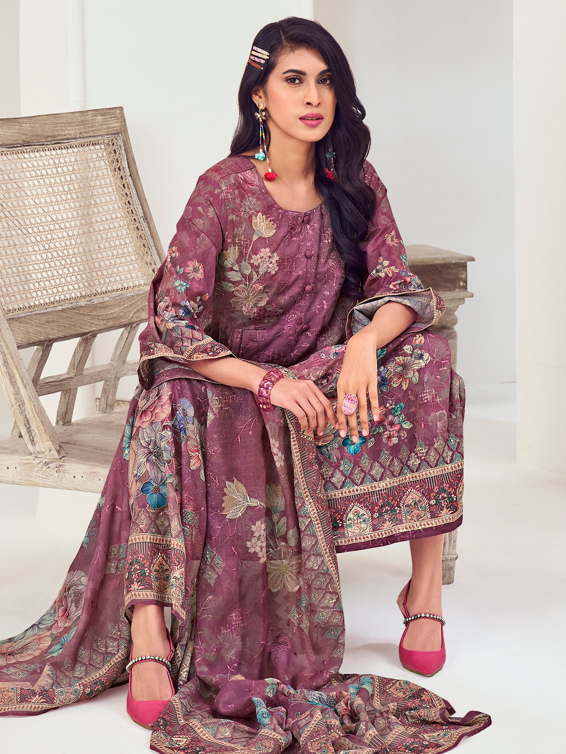 Magenta Muslin Embroidered Indian Suit | Floral Digital Print with Resham Thread Work & Sequin