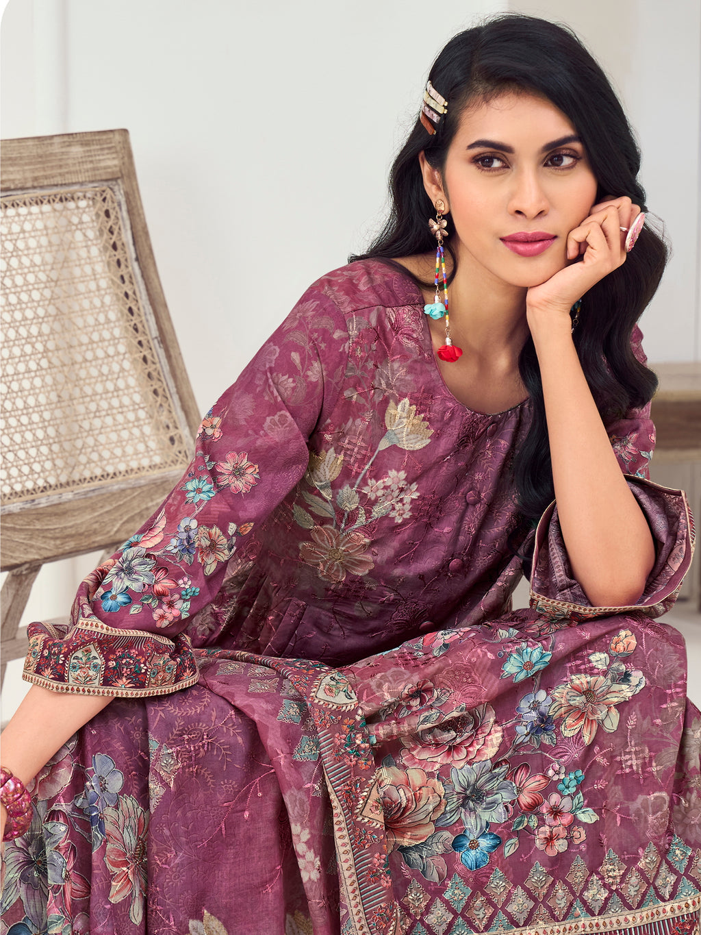Magenta Muslin Embroidered Indian Suit | Floral Digital Print with Resham Thread Work & Sequin
