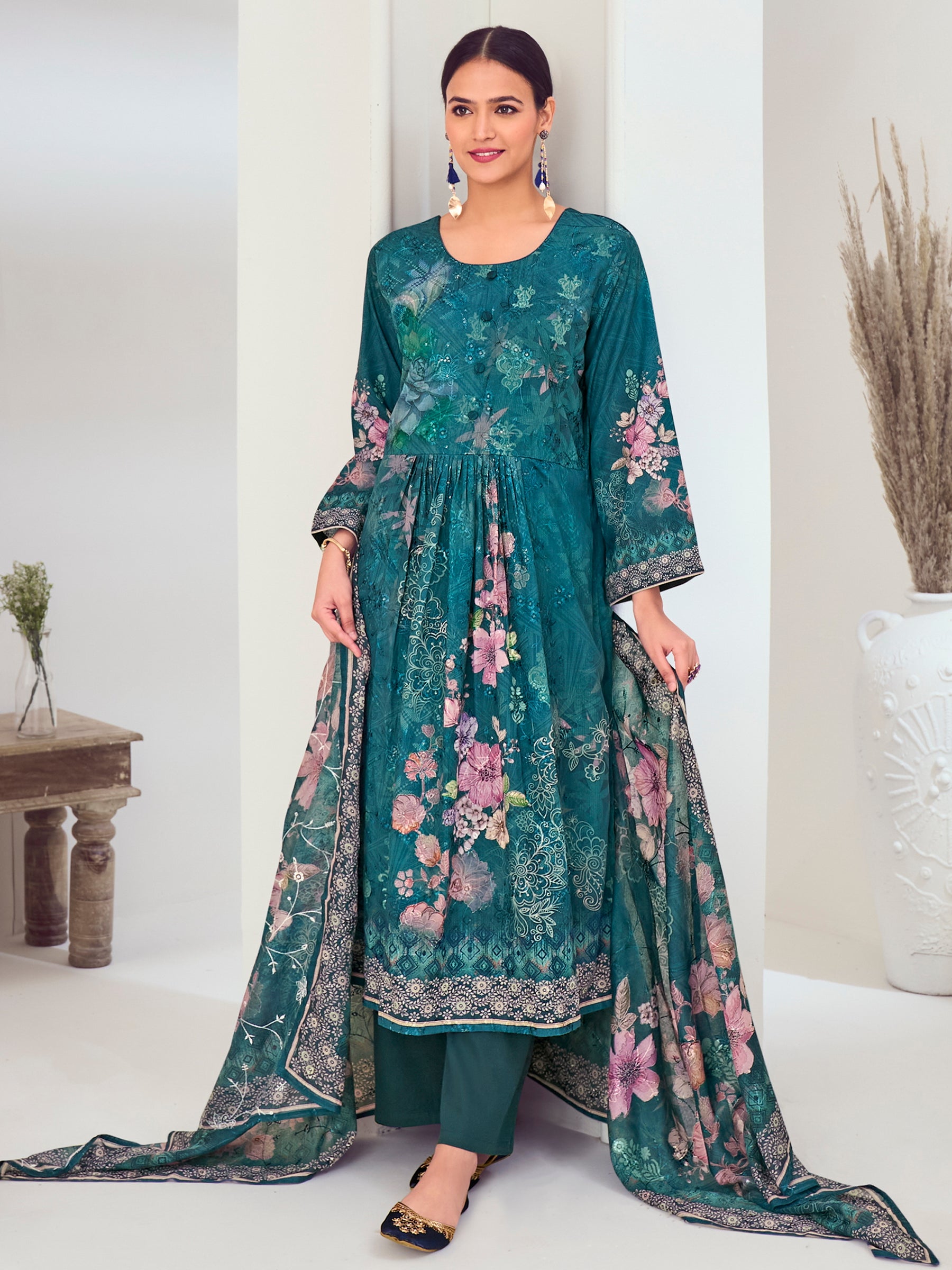 Navy Blue Muslin Embroidered Indian Suit | Floral Digital Print with Resham Thread Work & Sequin