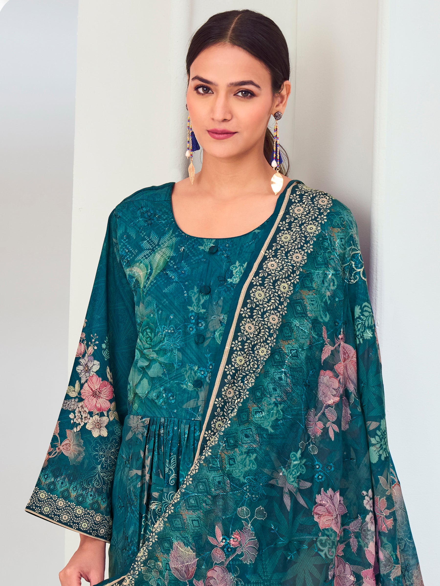 Navy Blue Muslin Embroidered Indian Suit | Floral Digital Print with Resham Thread Work & Sequin