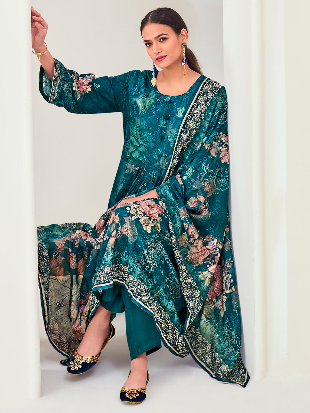 Navy Blue Muslin Embroidered Indian Suit | Floral Digital Print with Resham Thread Work & Sequin