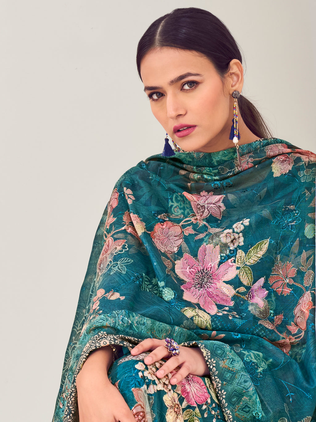 Navy Blue Muslin Embroidered Indian Suit | Floral Digital Print with Resham Thread Work & Sequin