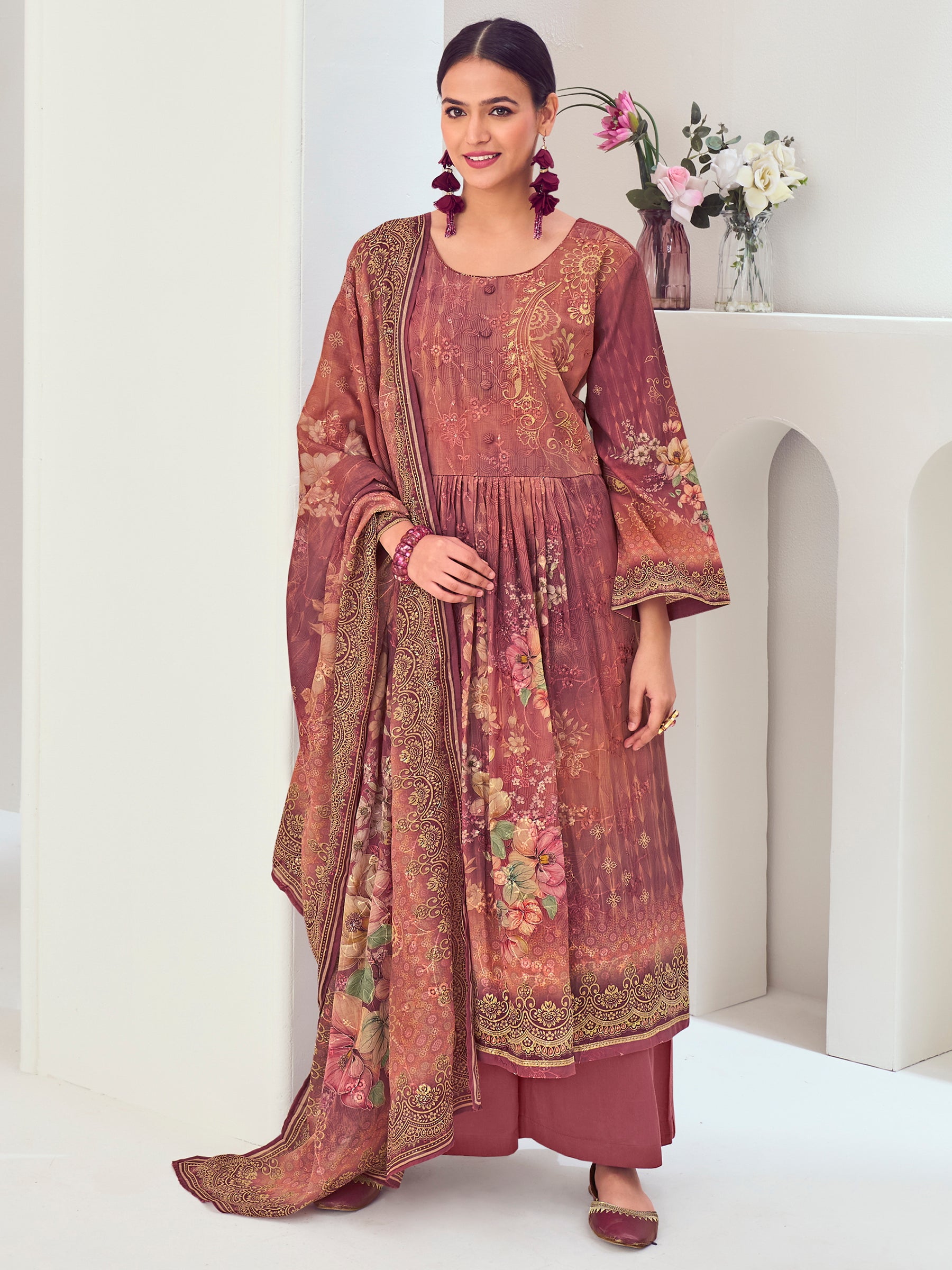 Rust Muslin Embroidered Indian Suit | Floral Digital Print with Resham Thread Work & Sequin