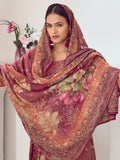Rust Muslin Embroidered Indian Suit | Floral Digital Print with Resham Thread Work & Sequin