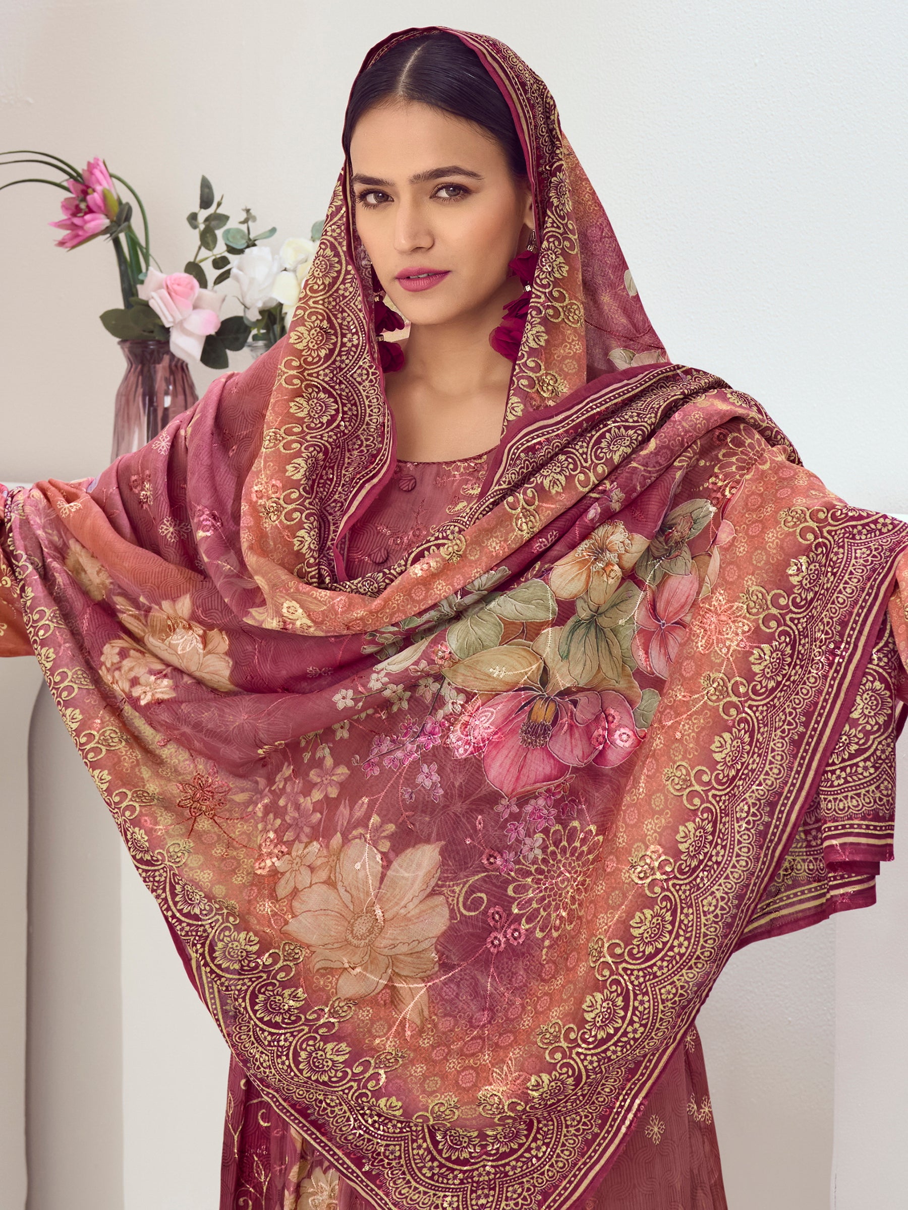 Rust Muslin Embroidered Indian Suit | Floral Digital Print with Resham Thread Work & Sequin