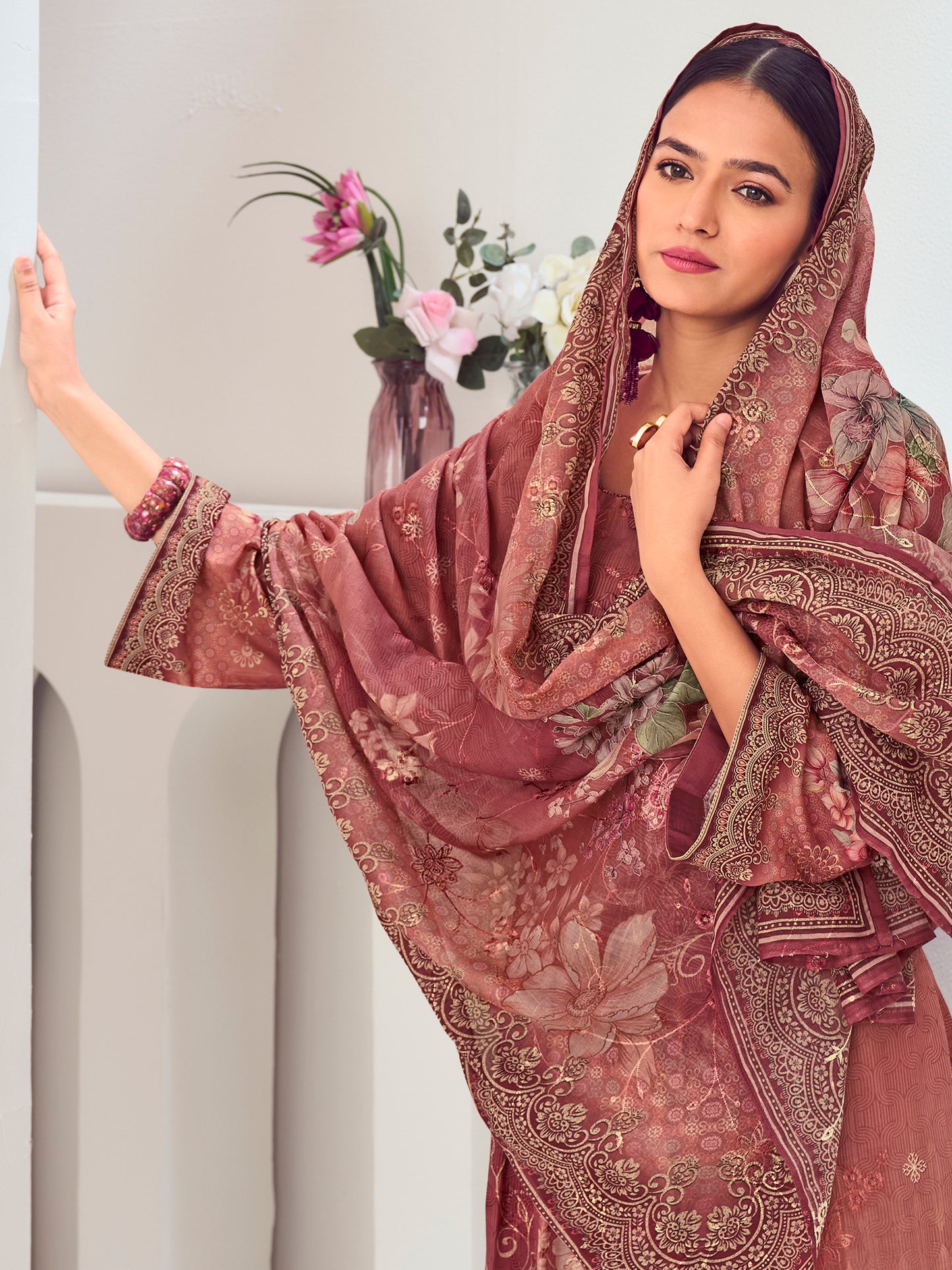 Rust Muslin Embroidered Indian Suit | Floral Digital Print with Resham Thread Work & Sequin
