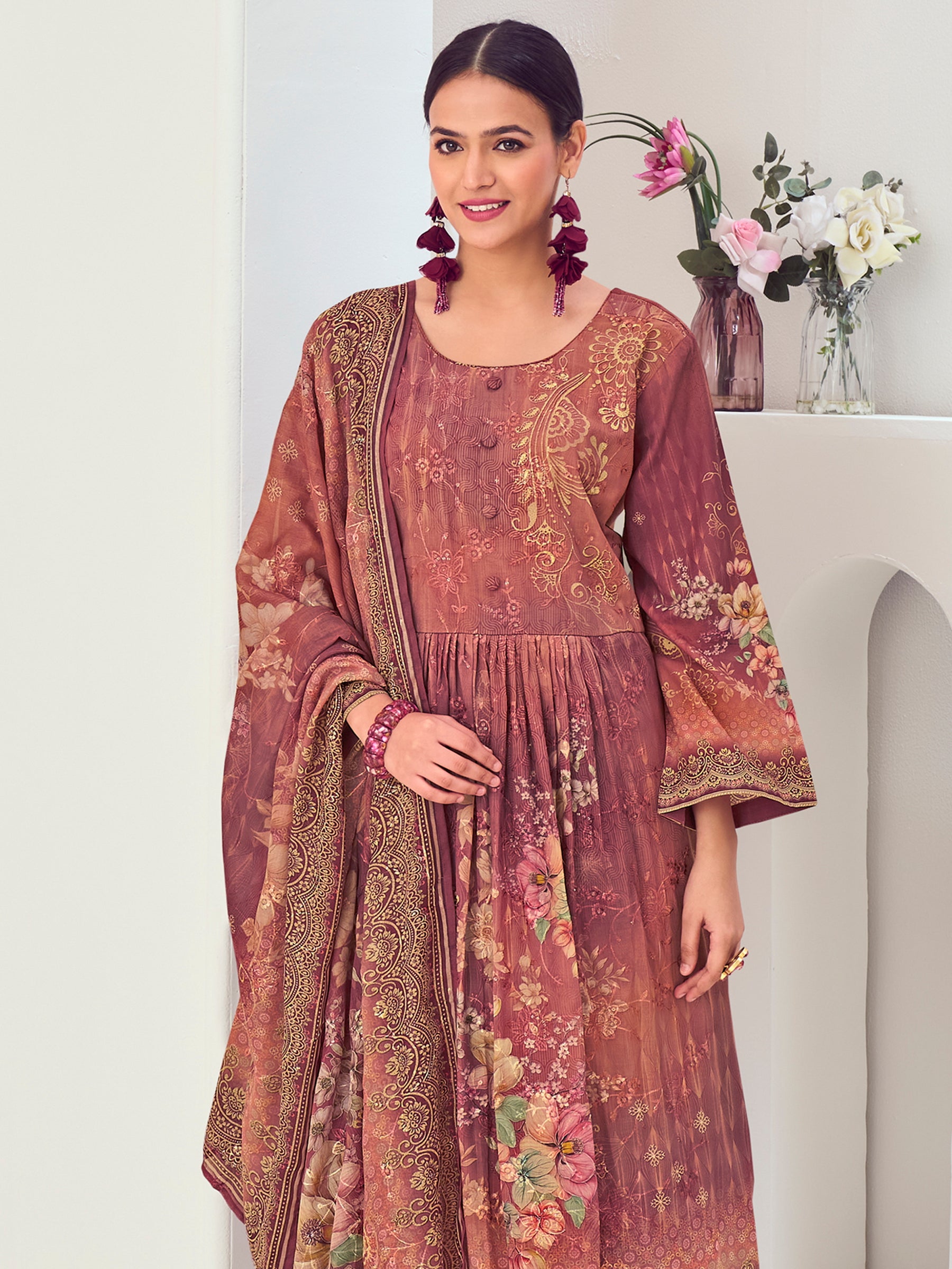 Rust Muslin Embroidered Indian Suit | Floral Digital Print with Resham Thread Work & Sequin