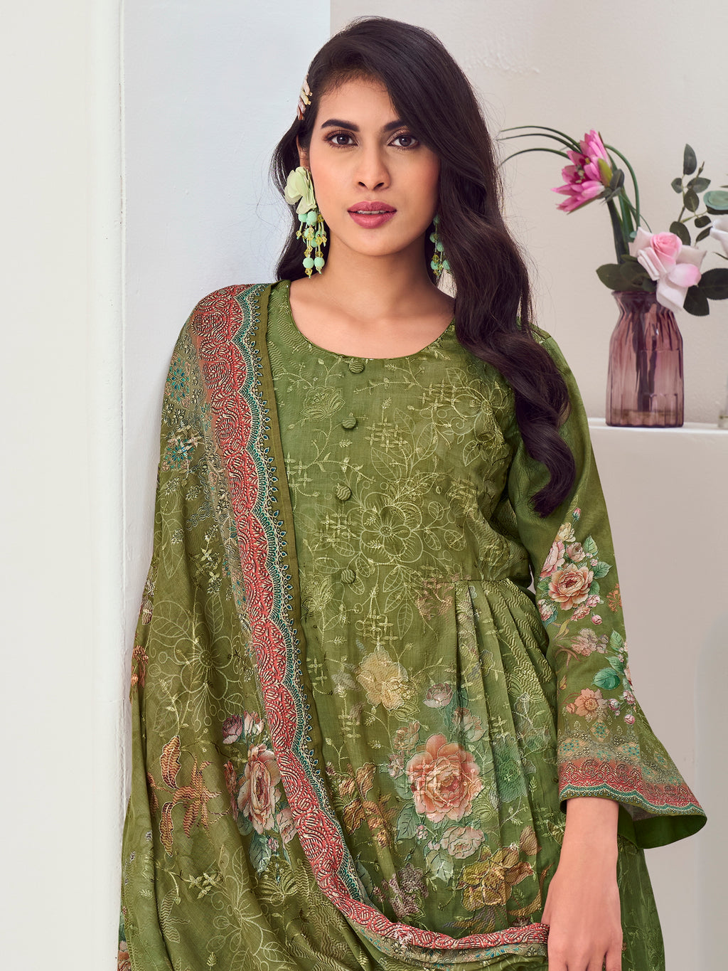 Green Muslin Embroidered Indian Suit | Floral Digital Print with Resham Thread Work & Sequin