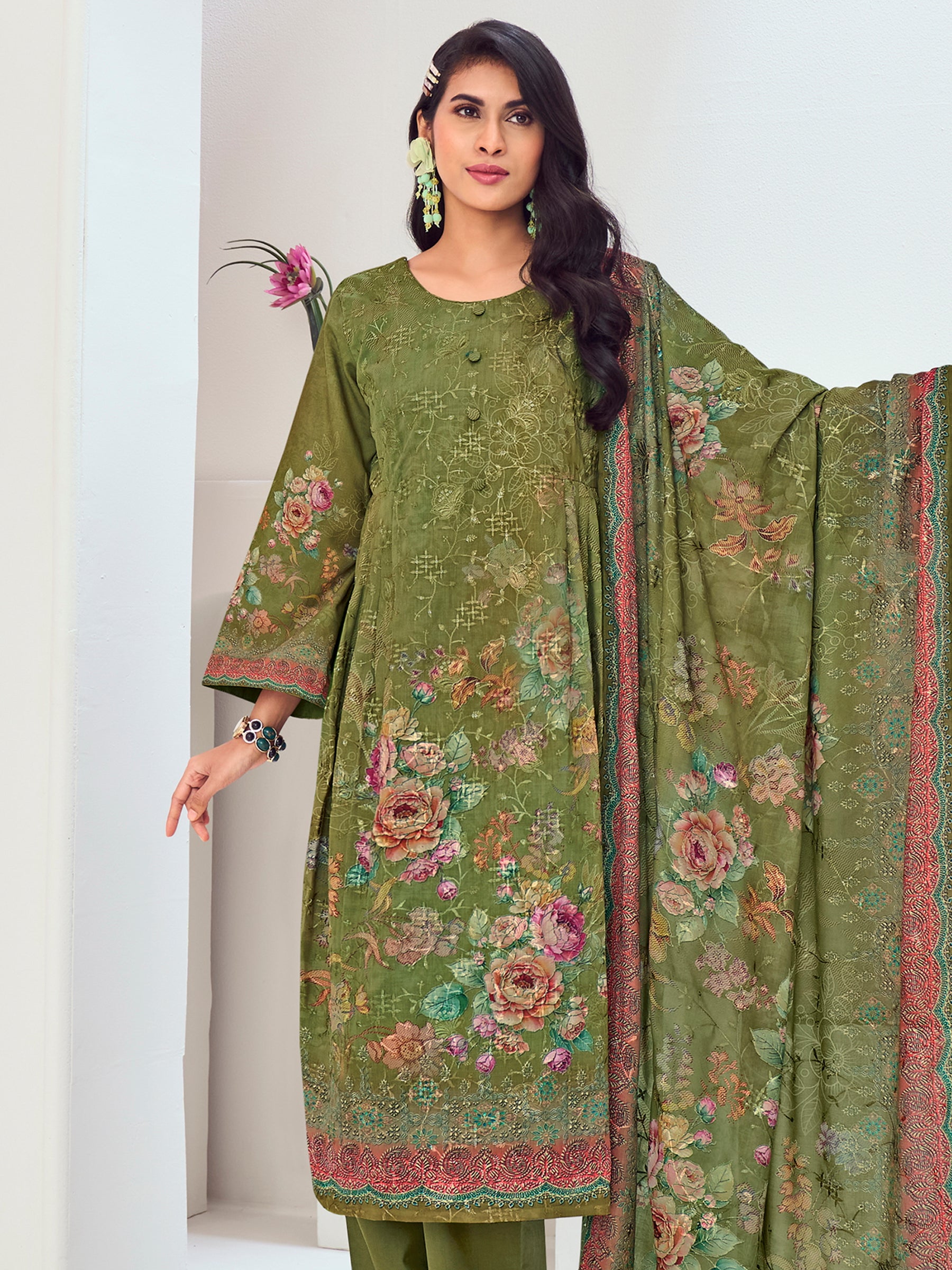 Green Muslin Embroidered Indian Suit | Floral Digital Print with Resham Thread Work & Sequin