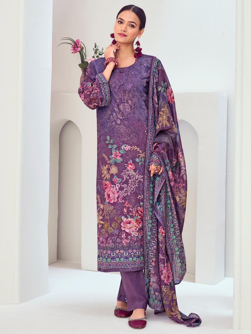 Purple Muslin Embroidered Indian Suit | Floral Digital Print with Resham Thread Work & Sequin